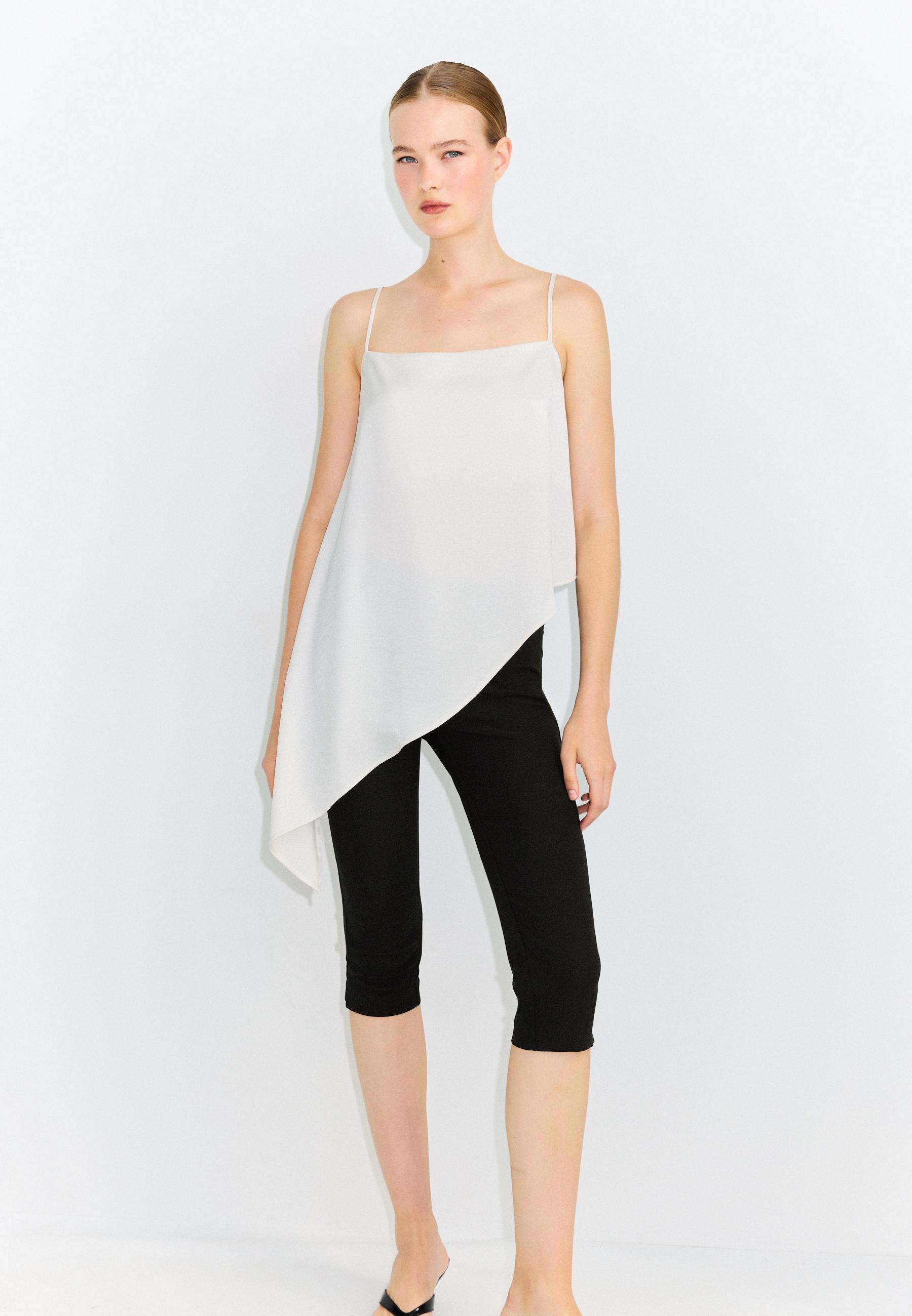 Satin asymmetric hem top — Ecru