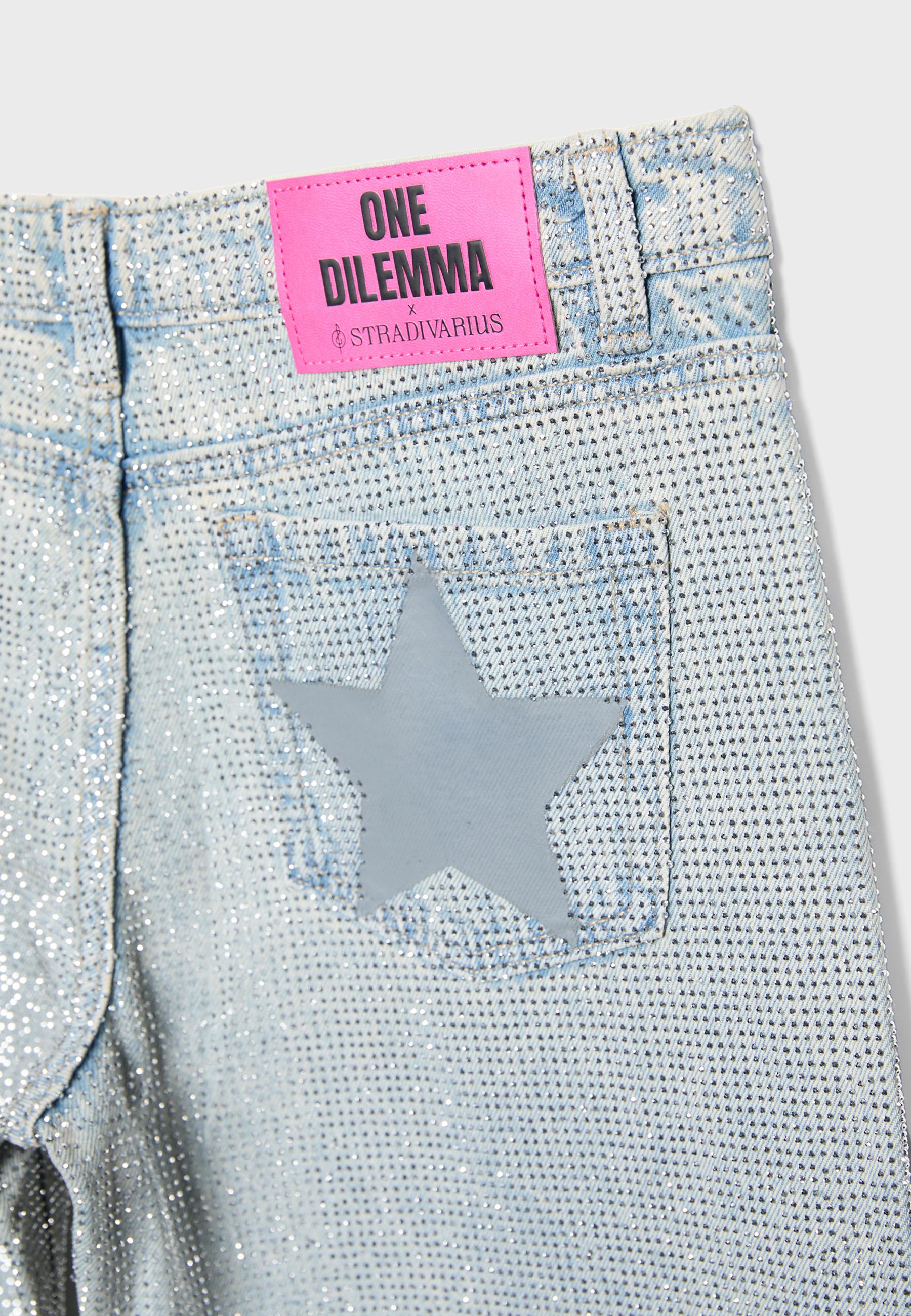 Low-rise straight-leg jeans with rhinestones One Dilemma — OVERDYED BLUE DENIM
