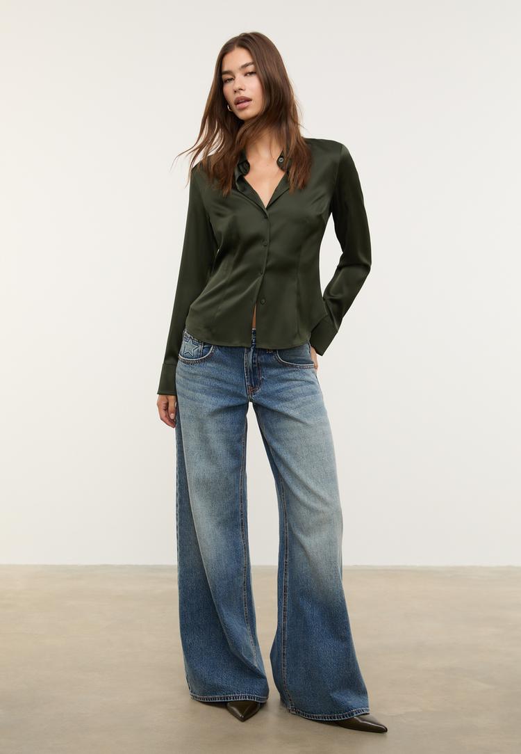 Stradivarius Camasa Fitted Satinata Verde Închis M