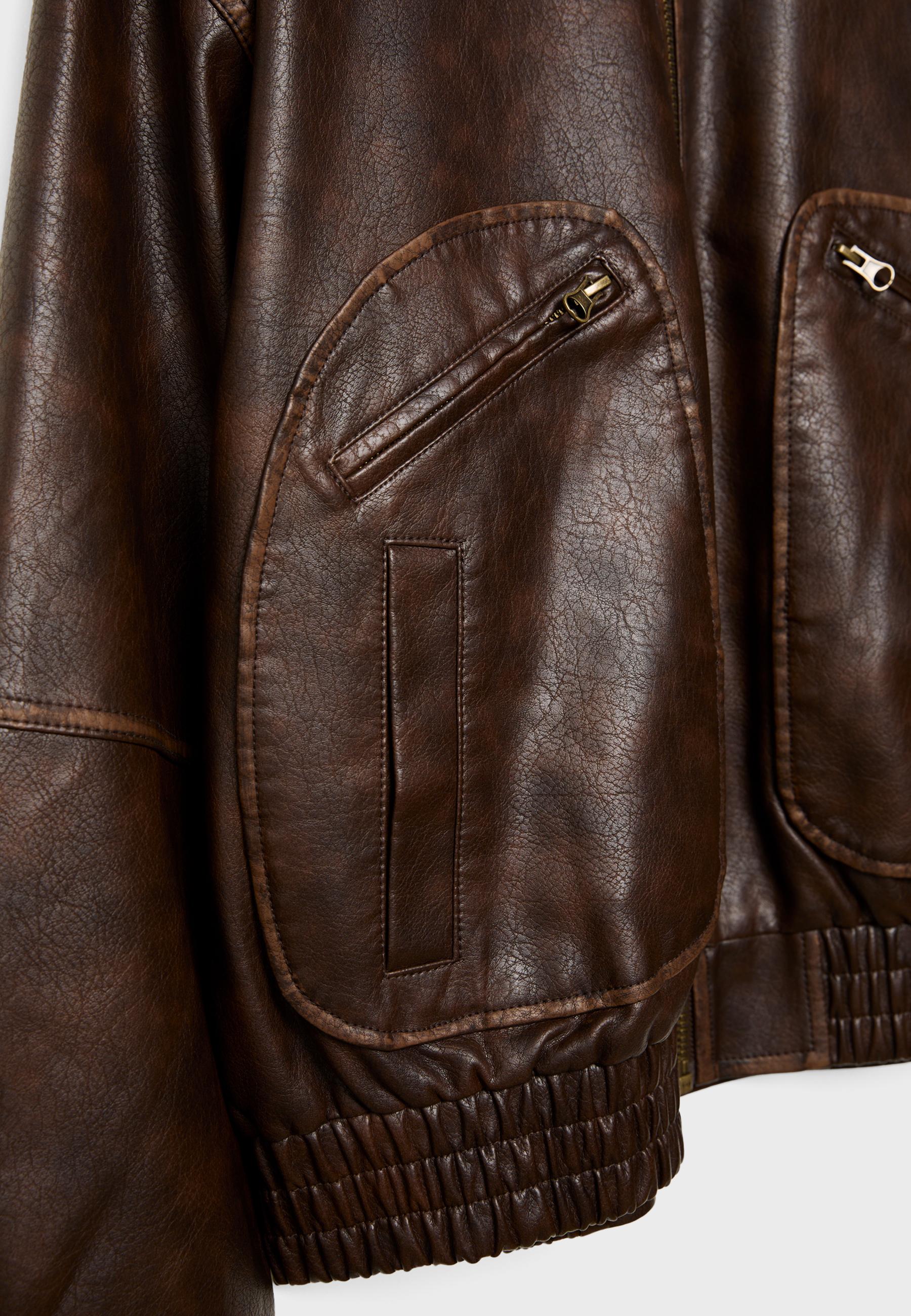 Leather effect jacket with pockets — Brown