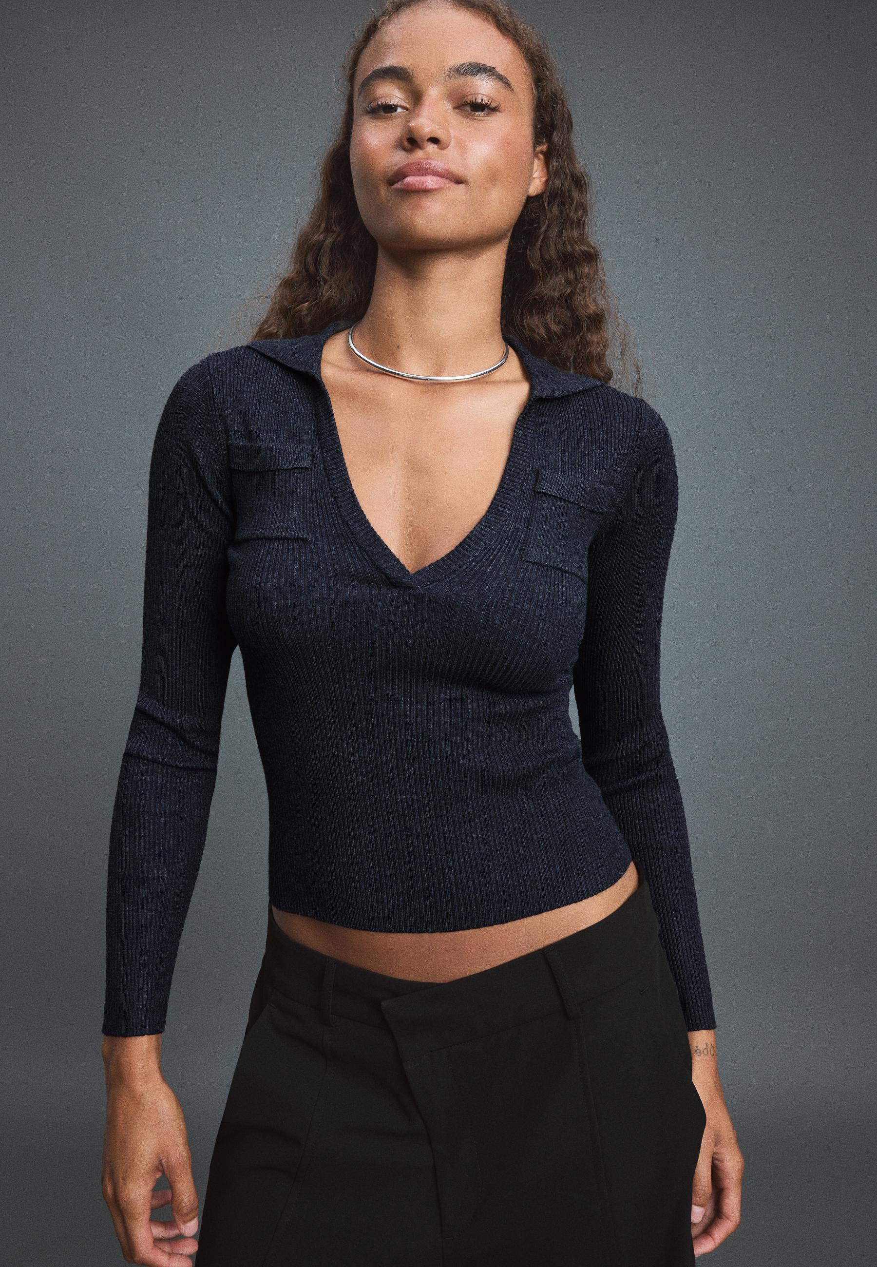 Polo collar knit jumper with pockets — Dark grey