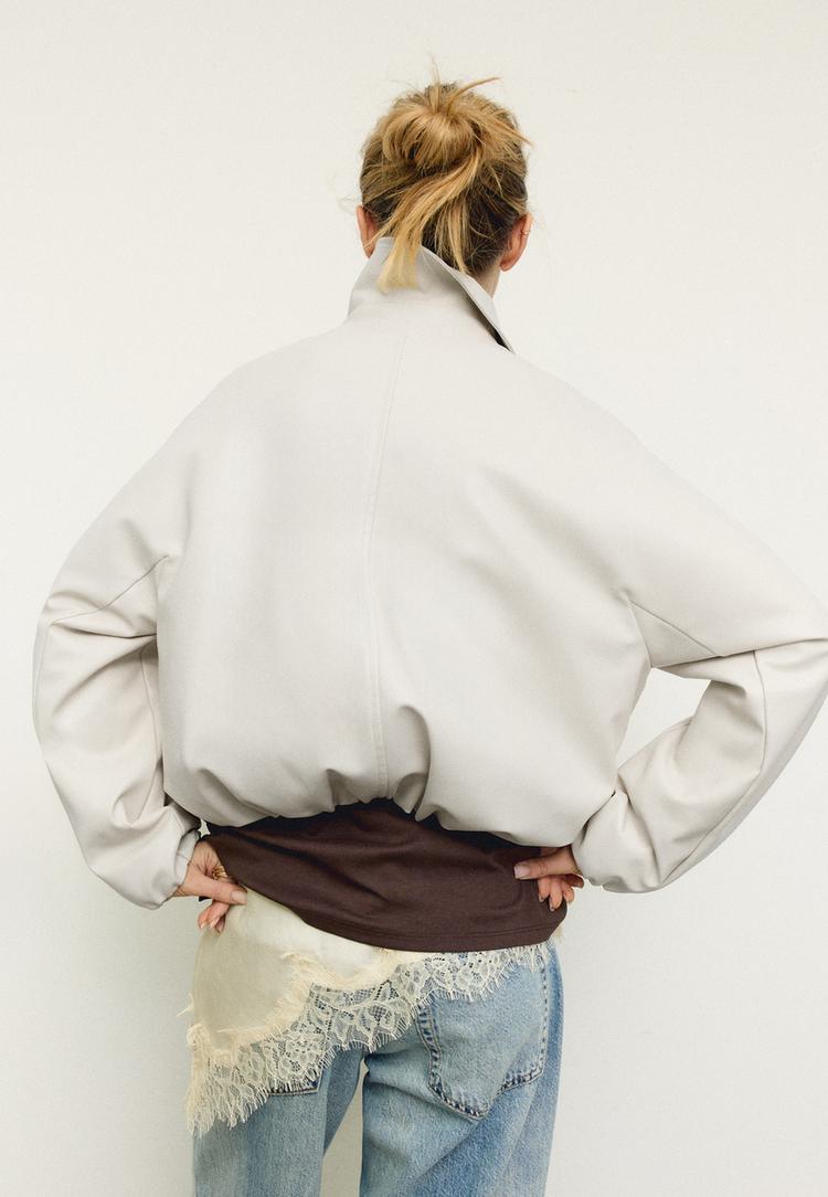 Stradivarius Καπιτονέ Bomber Τζάκετ Όψης Δέρματος Εκρού M φωτογραφία