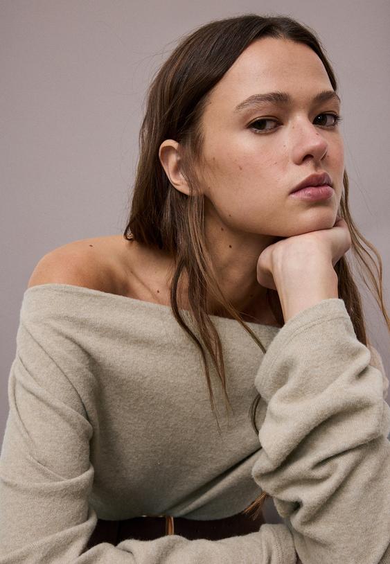 Stradivarius Boat Neck Knit T-Shirt With Sash Belt Stone Xs