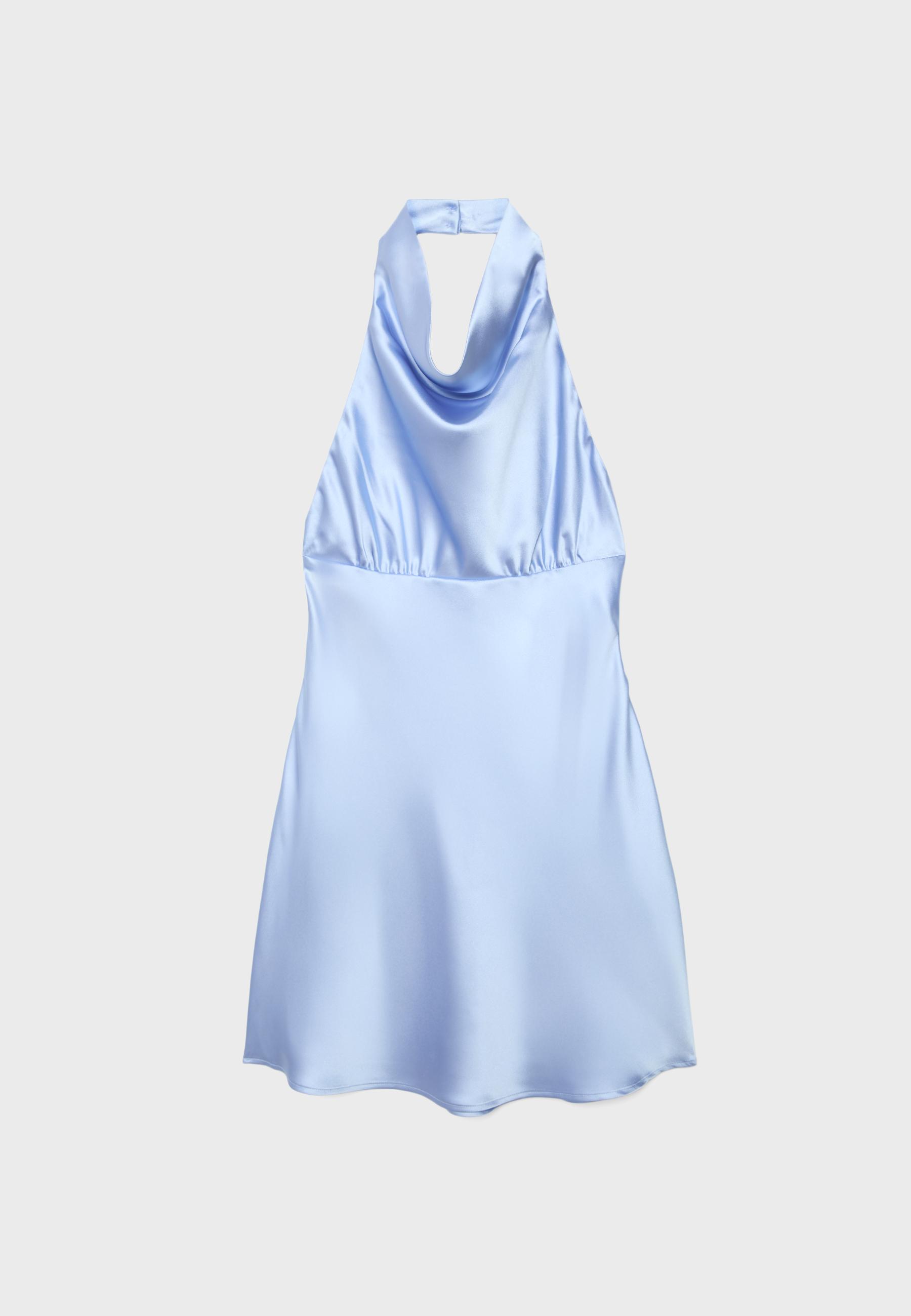Short satin halterneck dress — Sky blue