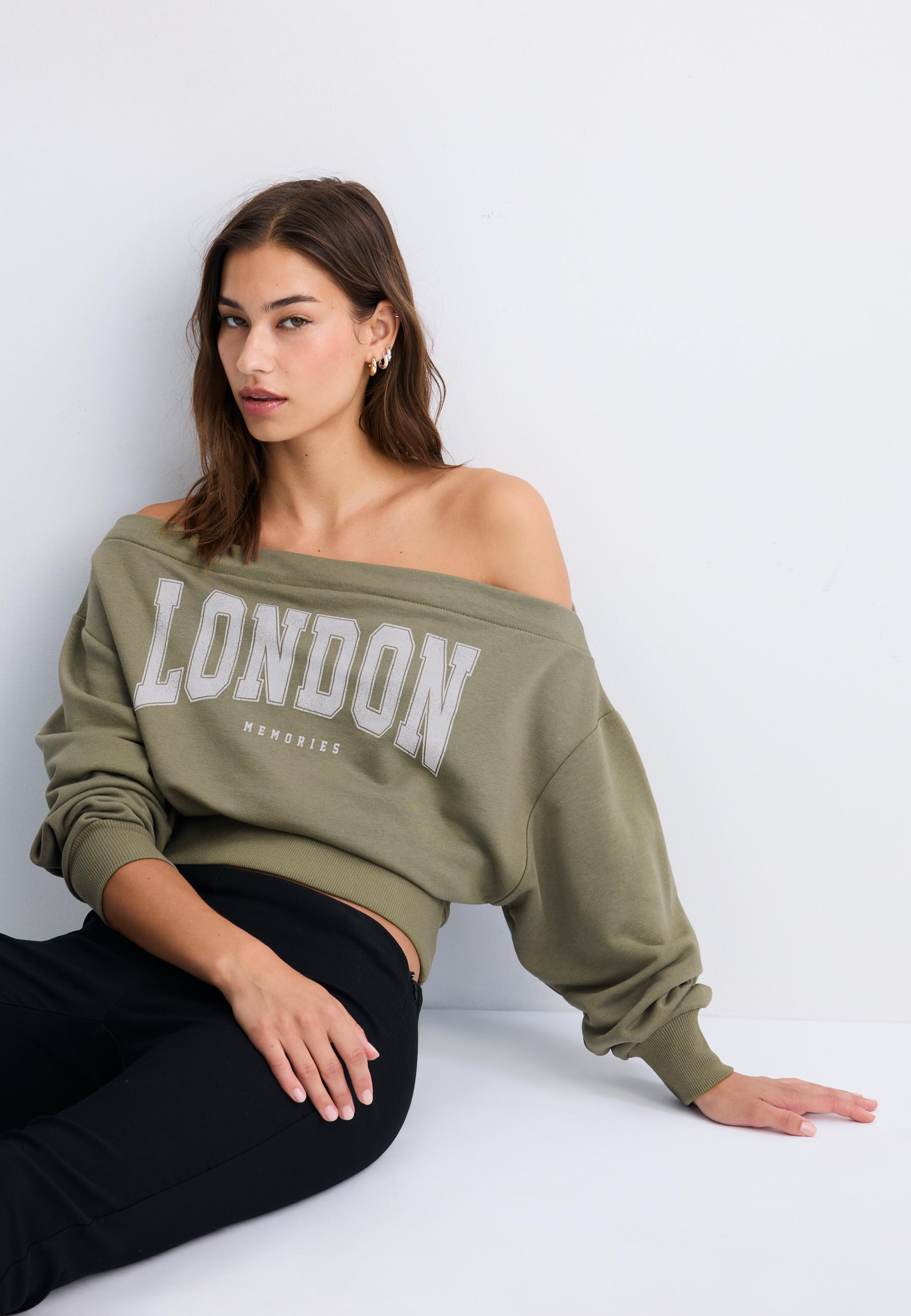 Cropped boat neck sweatshirt — Khaki