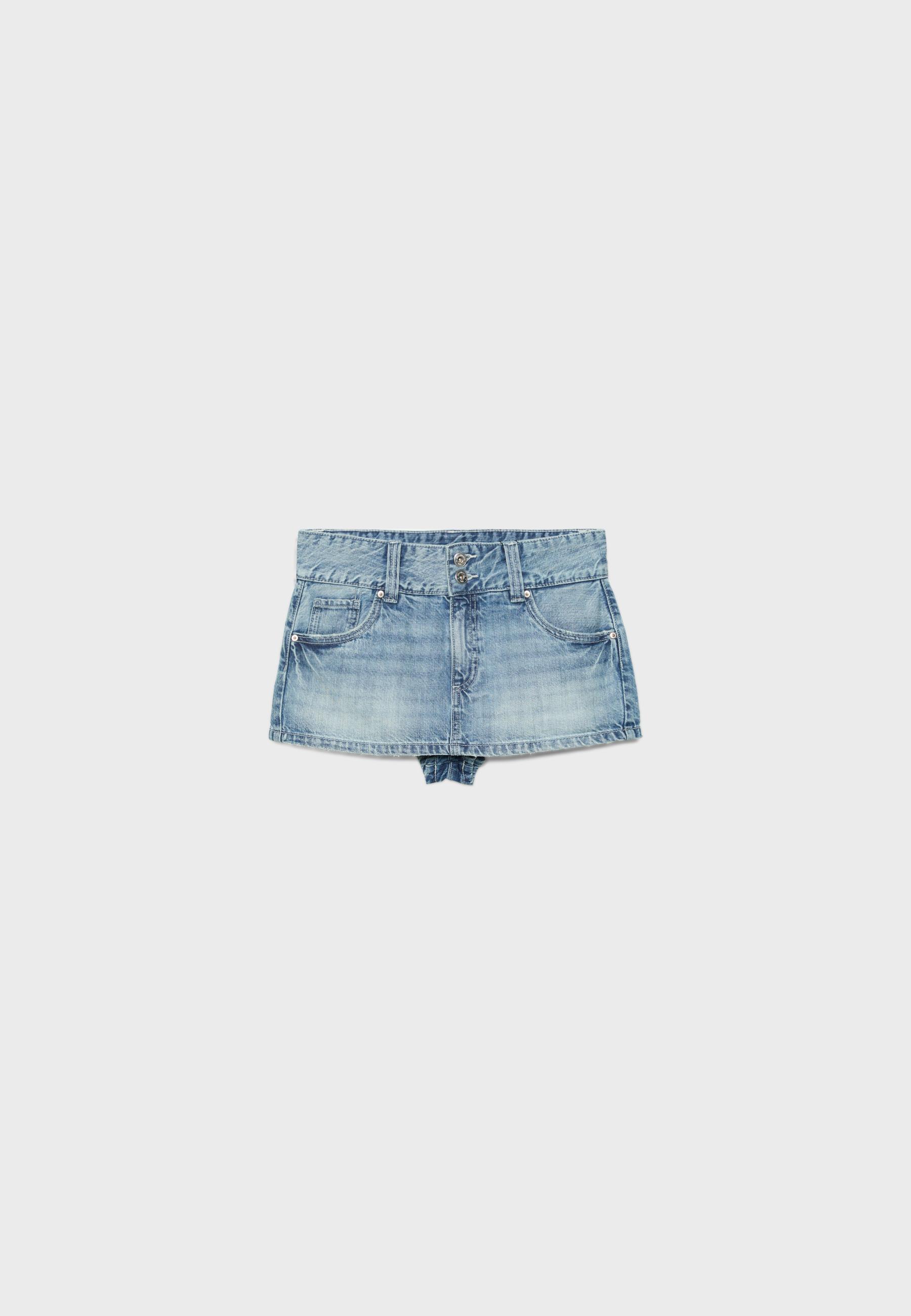 Low-waist denim skort with detailing — OVERDYED BLUE DENIM