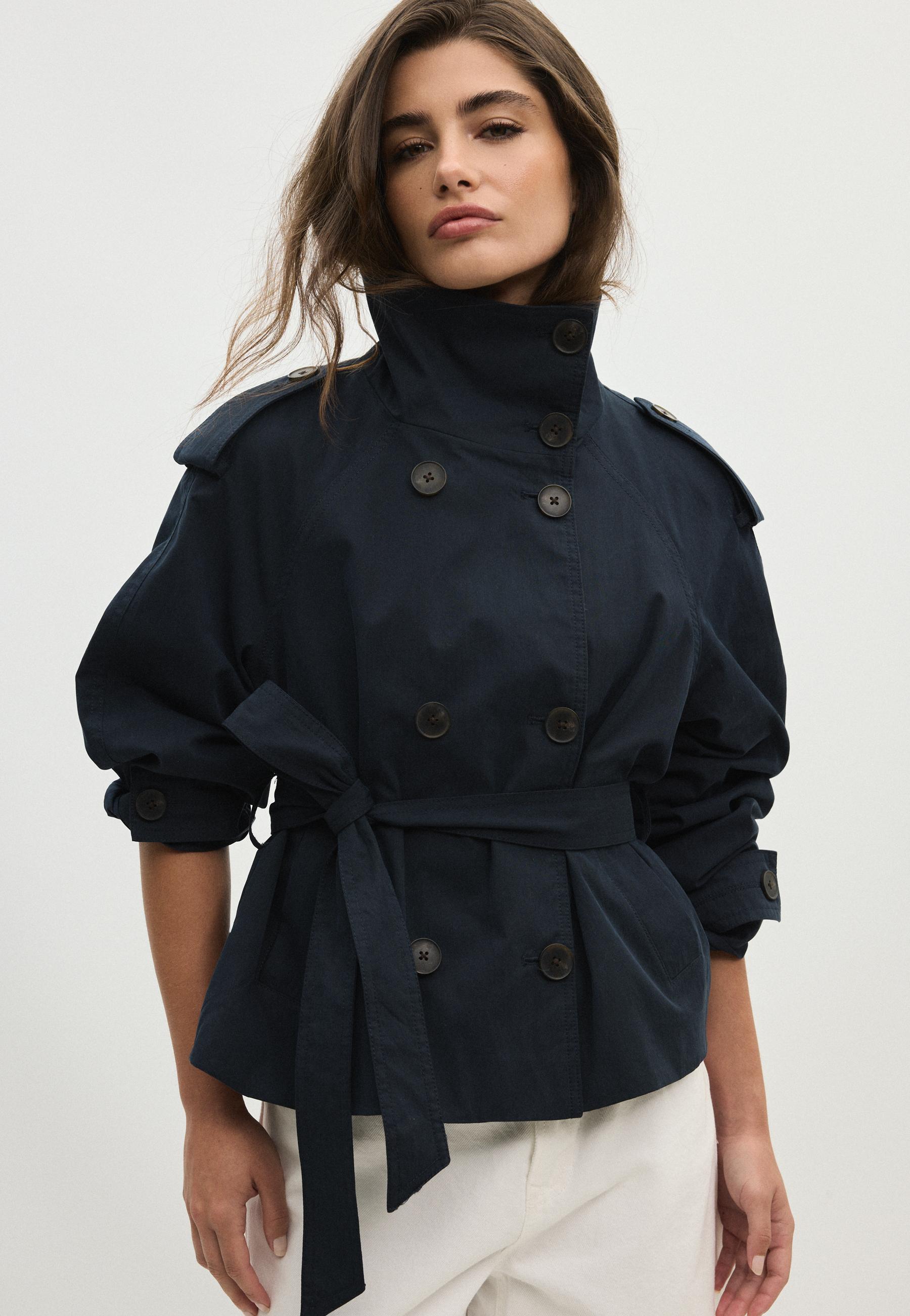 High neck belted trench coat — Dark blue
