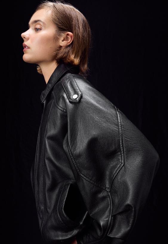 Stradivarius Oversize Leather Jacket Black Xs