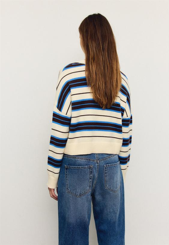 Stradivarius Striped Knit Crop Jumper Brown Xs