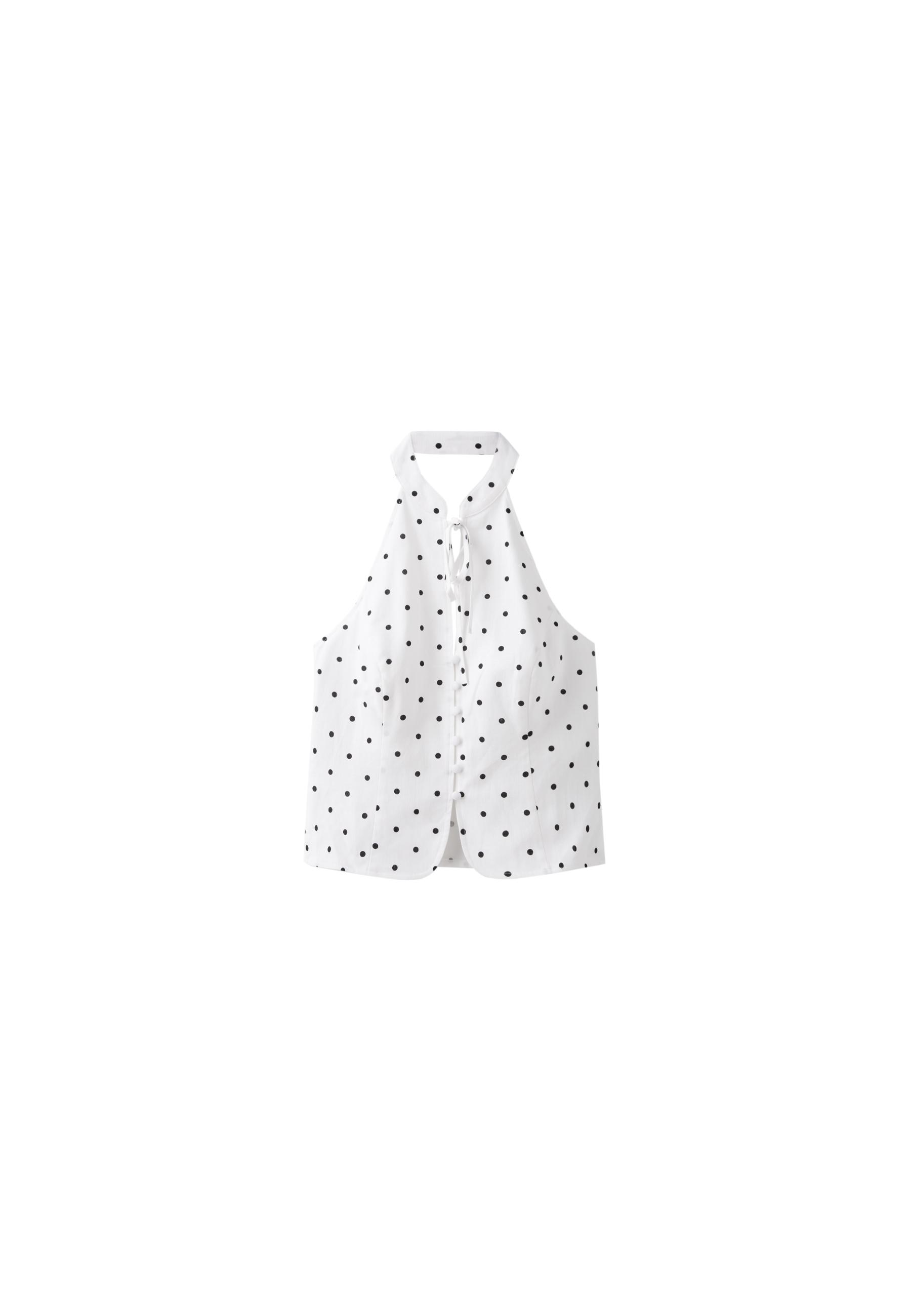 Polka dot print fitted halter top — Ecru