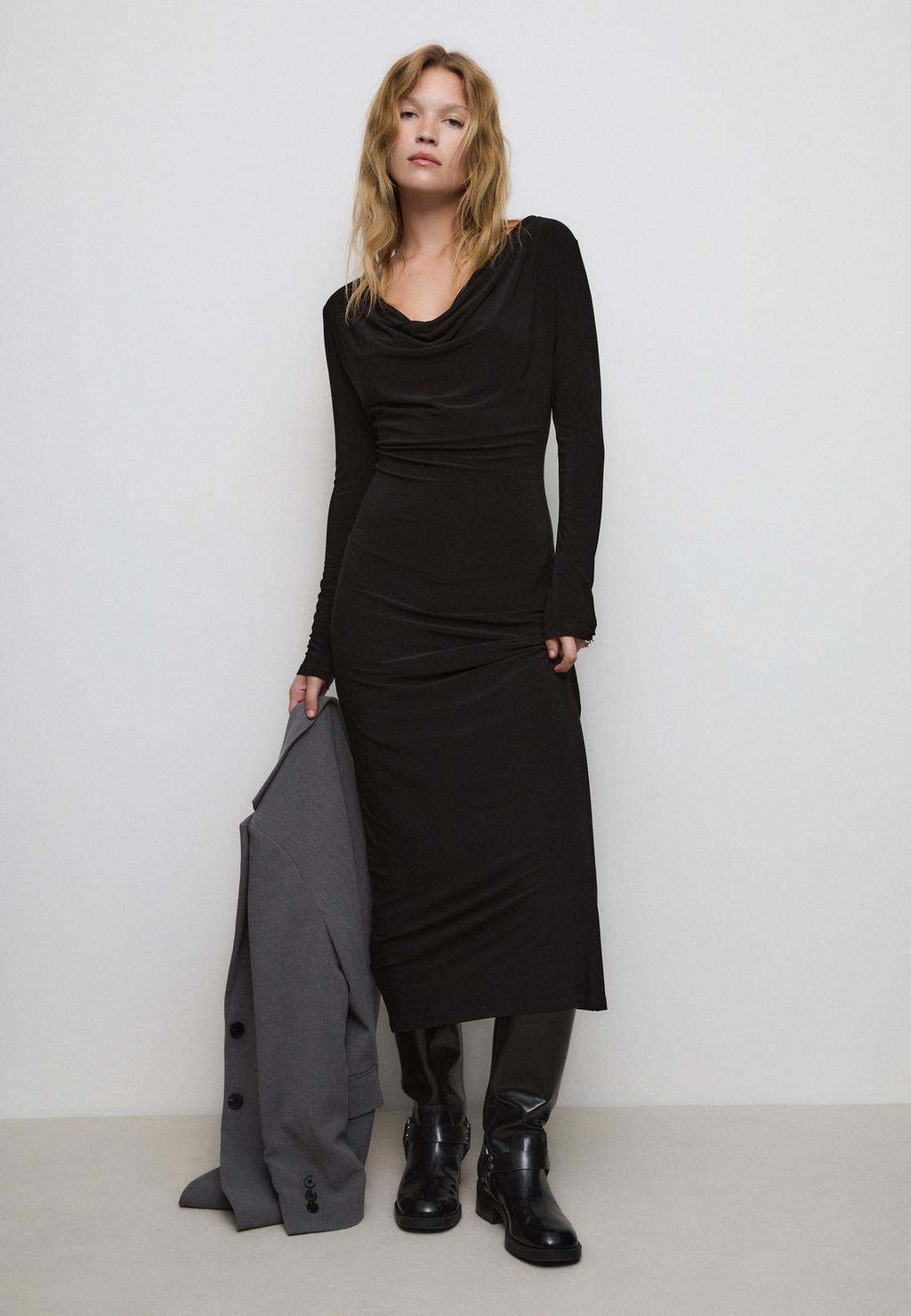 Long sleeve cowl neck midi dress