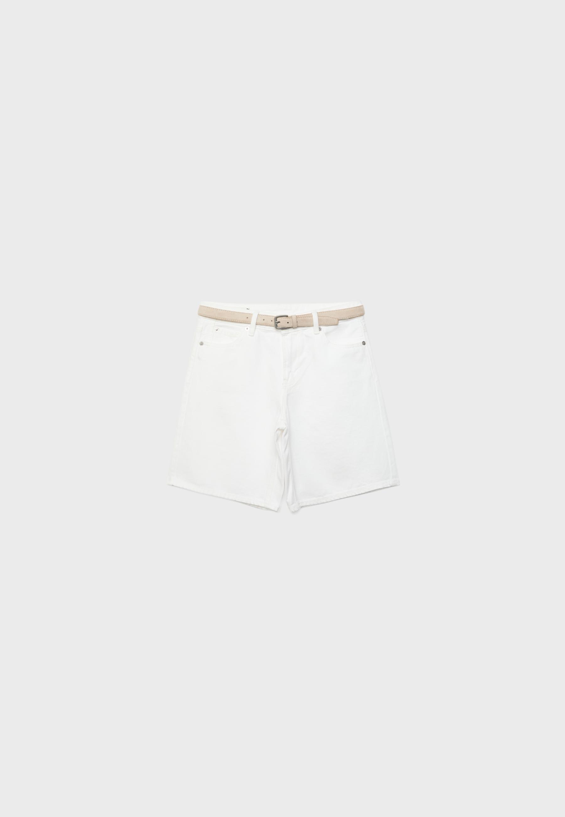 Denim Bermuda shorts with belt — White