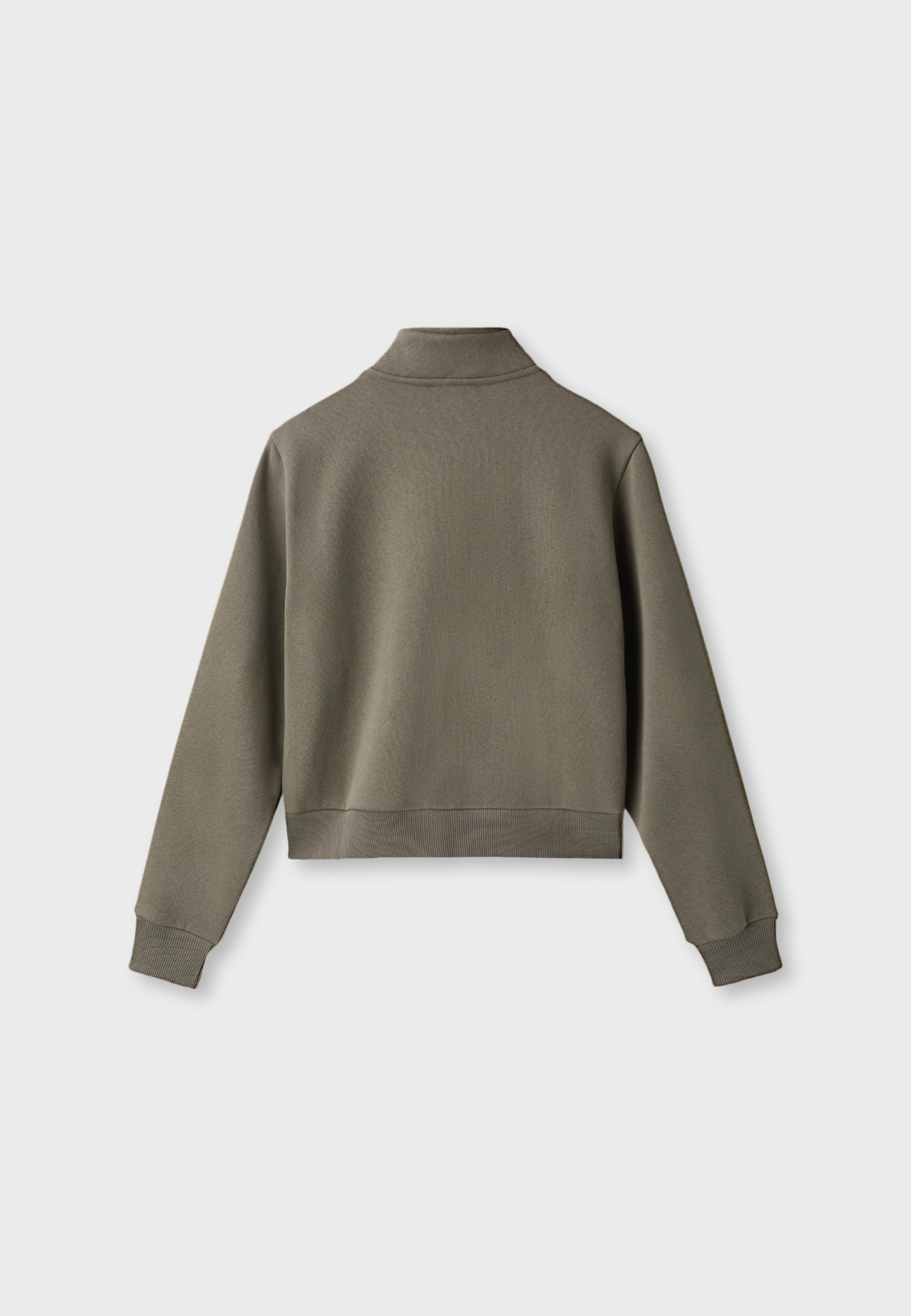 Metal Button Zip-Up Sweatshirt — Khaki