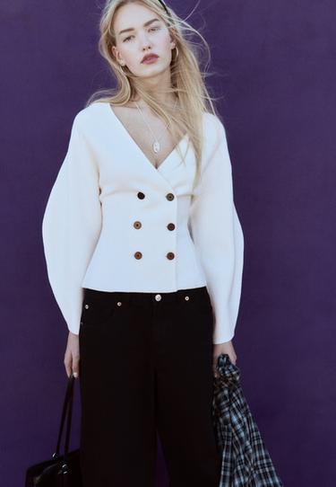 Contrast button knit cardigan — Ecru 3