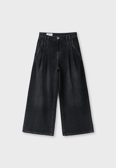 Wide-leg pleated jeans — BLACK DENIM WASHED EFFECT  7