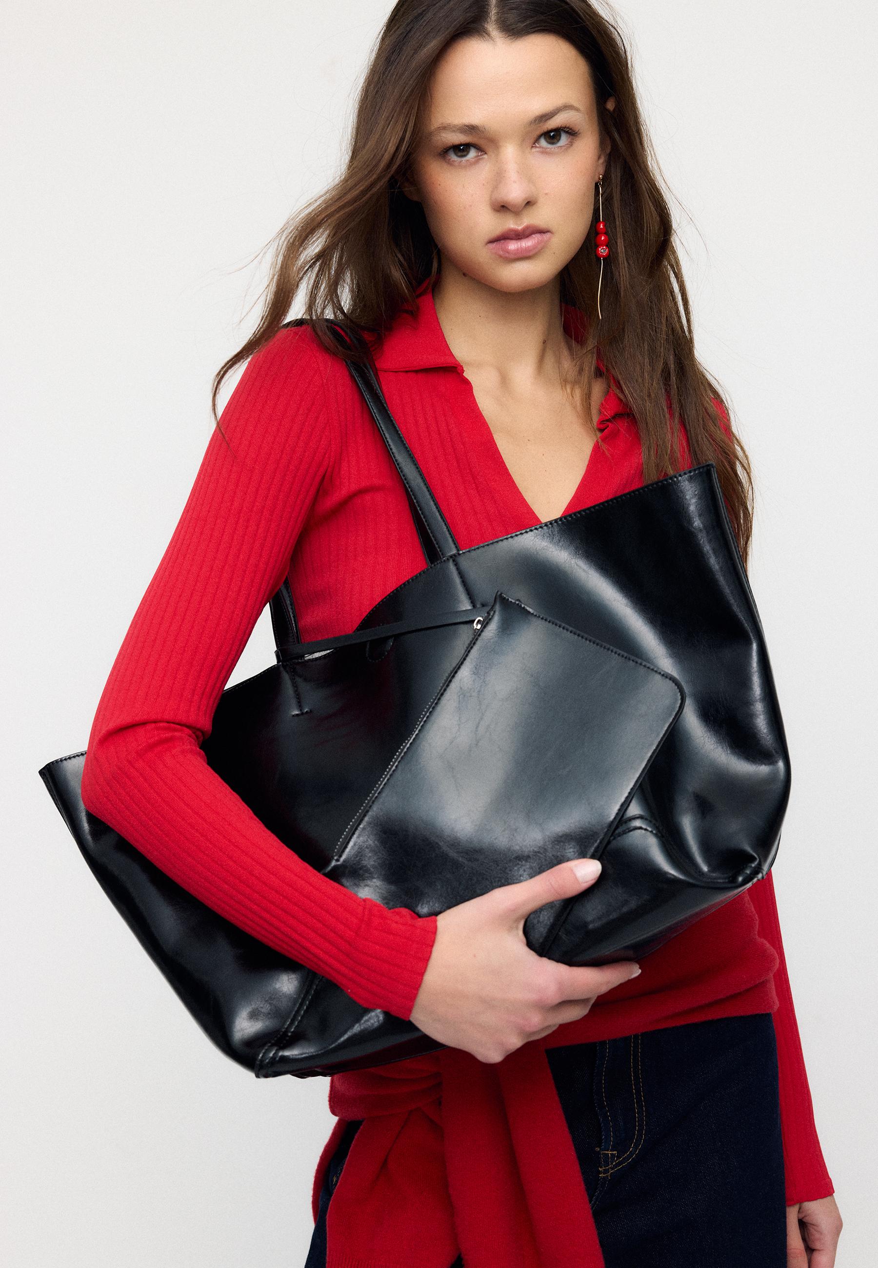 Stradivarius Τσάντα Shopper Ντουμπλ Φας Zebra Μαύρο Os