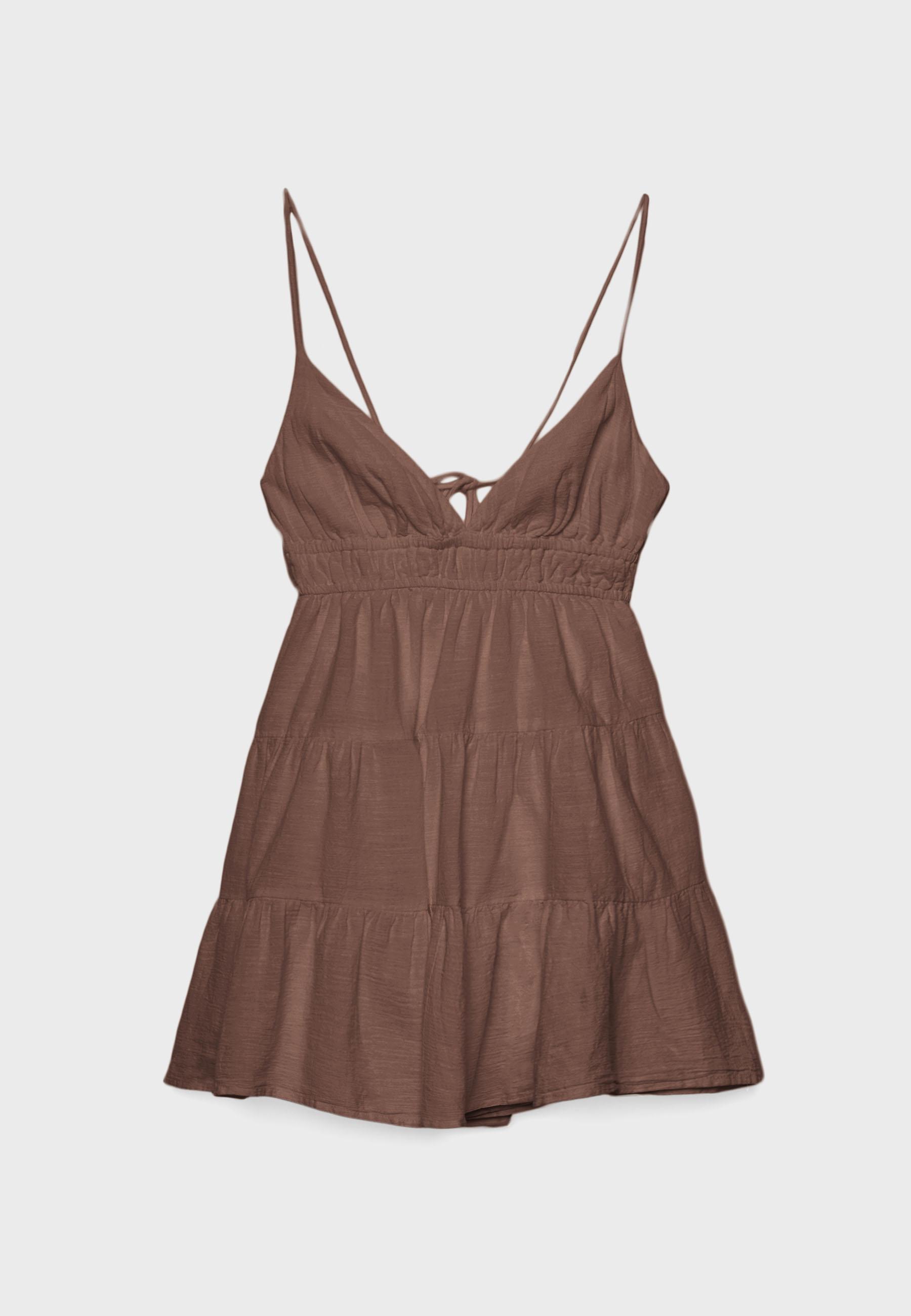 Mini flowing dress with back tie — Brown