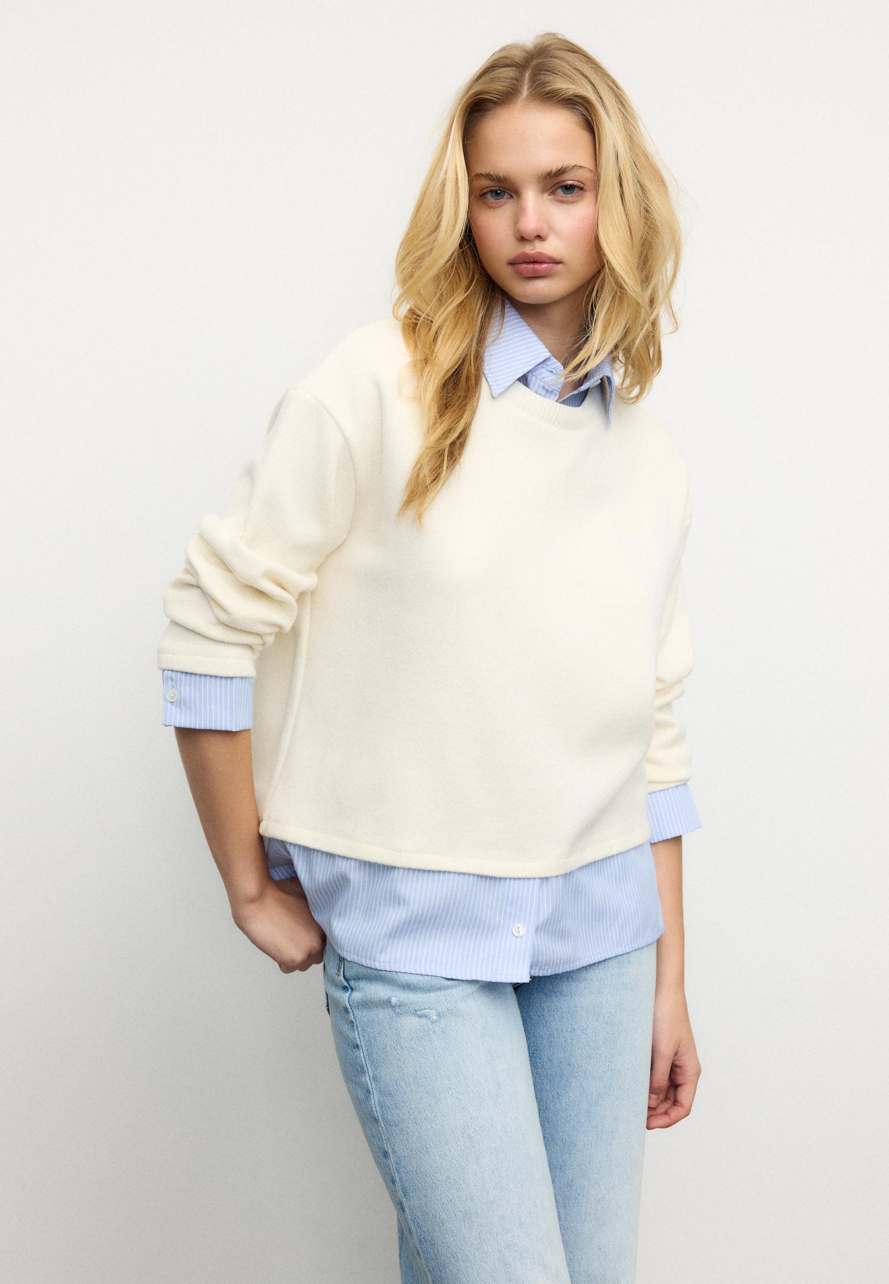 Bi-material knit T-shirt — Ecru