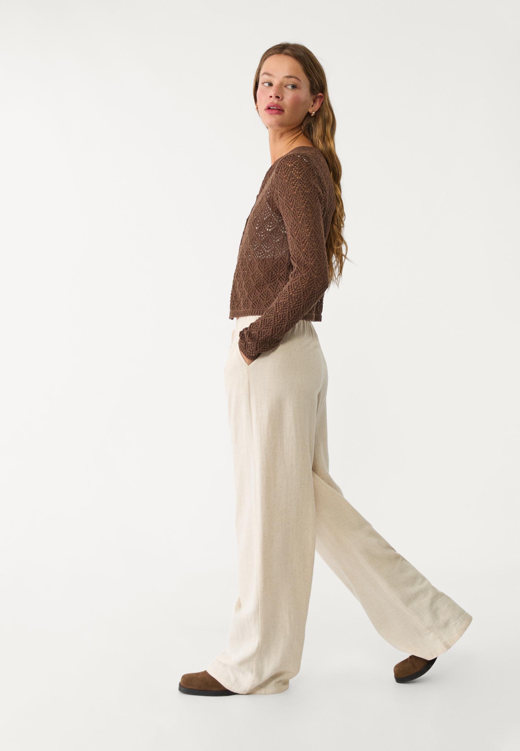 Straight-leg linen-look trousers — Stone