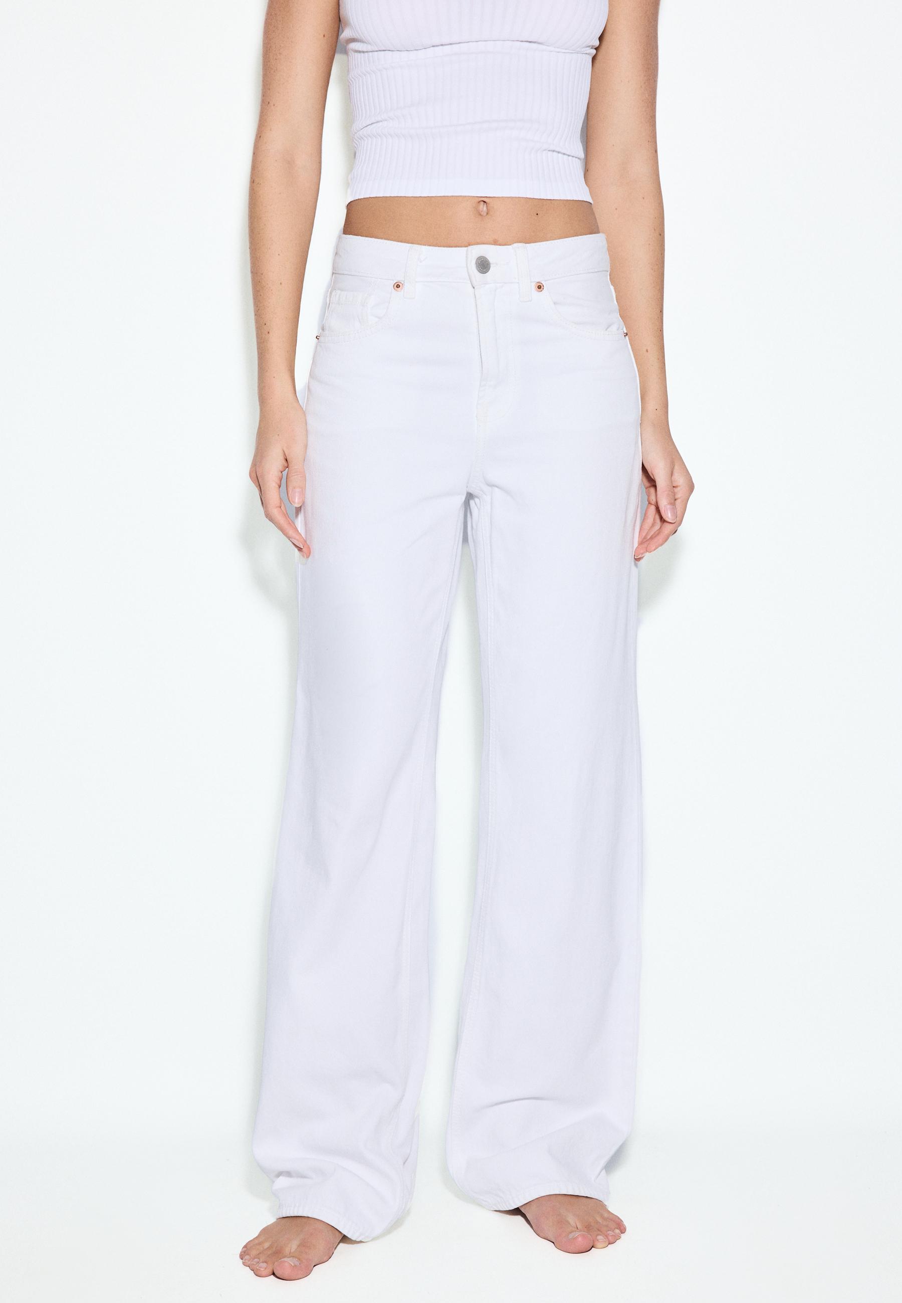 Stradivarius D92 Τζιν Παντελόνι Straight Wide Λευκό 38