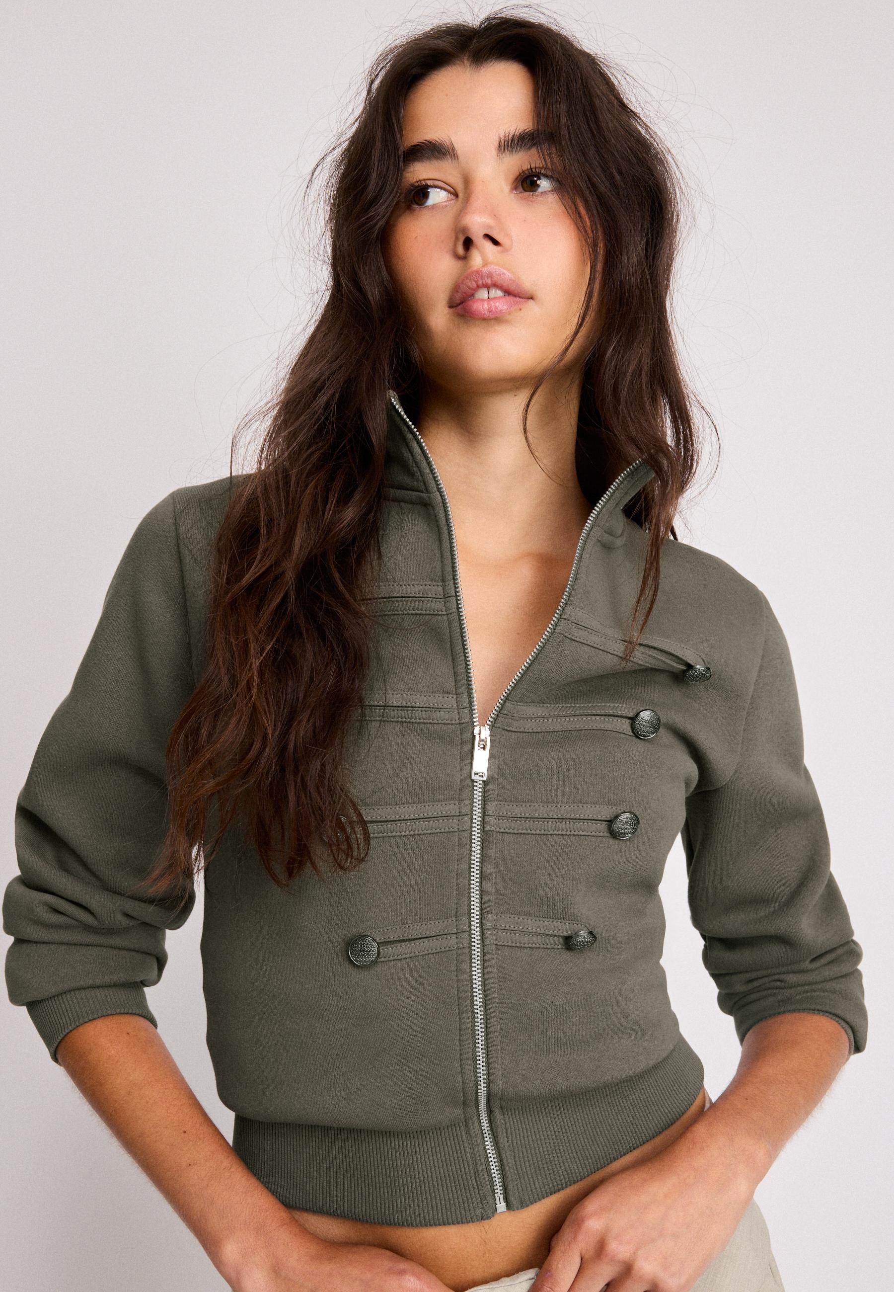 Metal Button Zip-Up Sweatshirt — Khaki