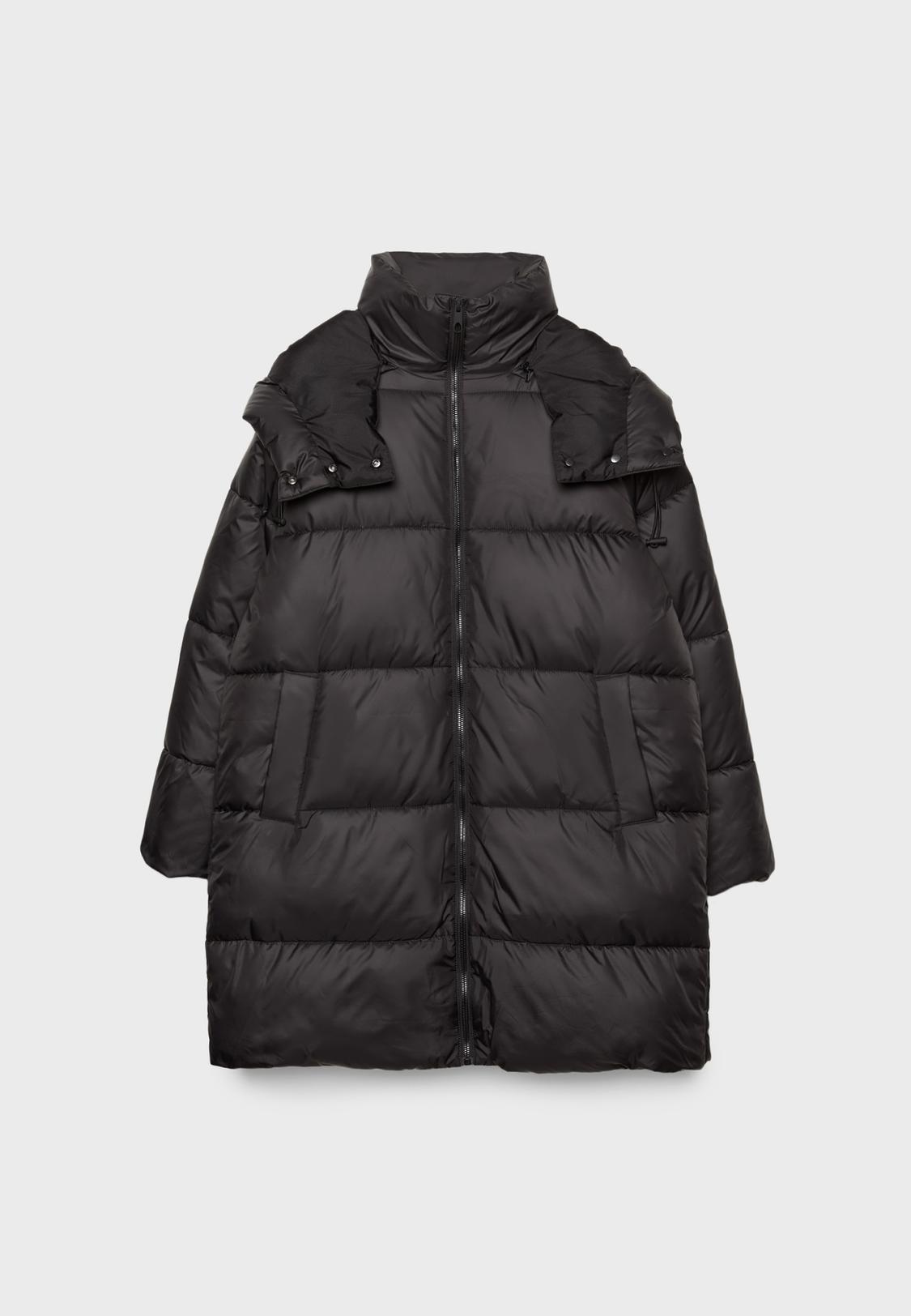 Stradivarius Long Black Padded Puffer Coat Hooded Puffer