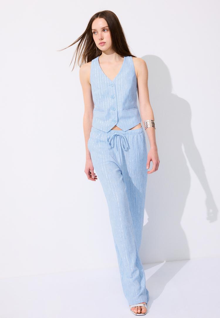 flowing metallic thread lineneffect trousers