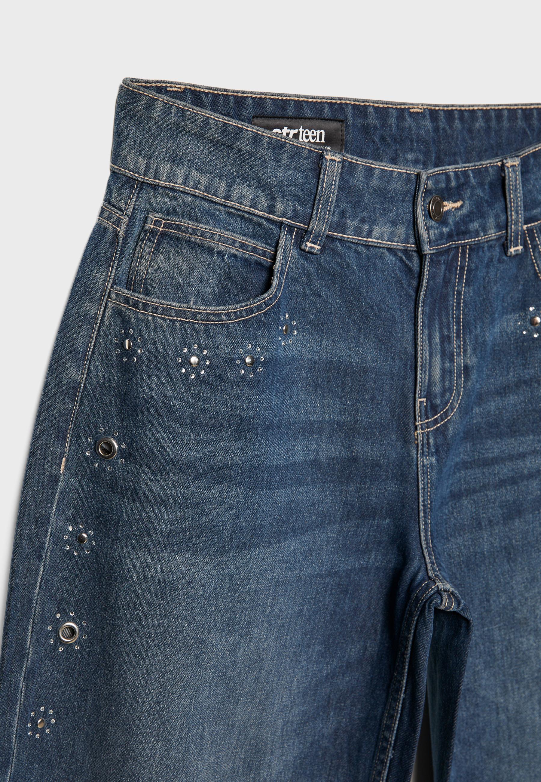 Barrel wide-leg jeans with eyelets — BLACK DENIM WASHED EFFECT