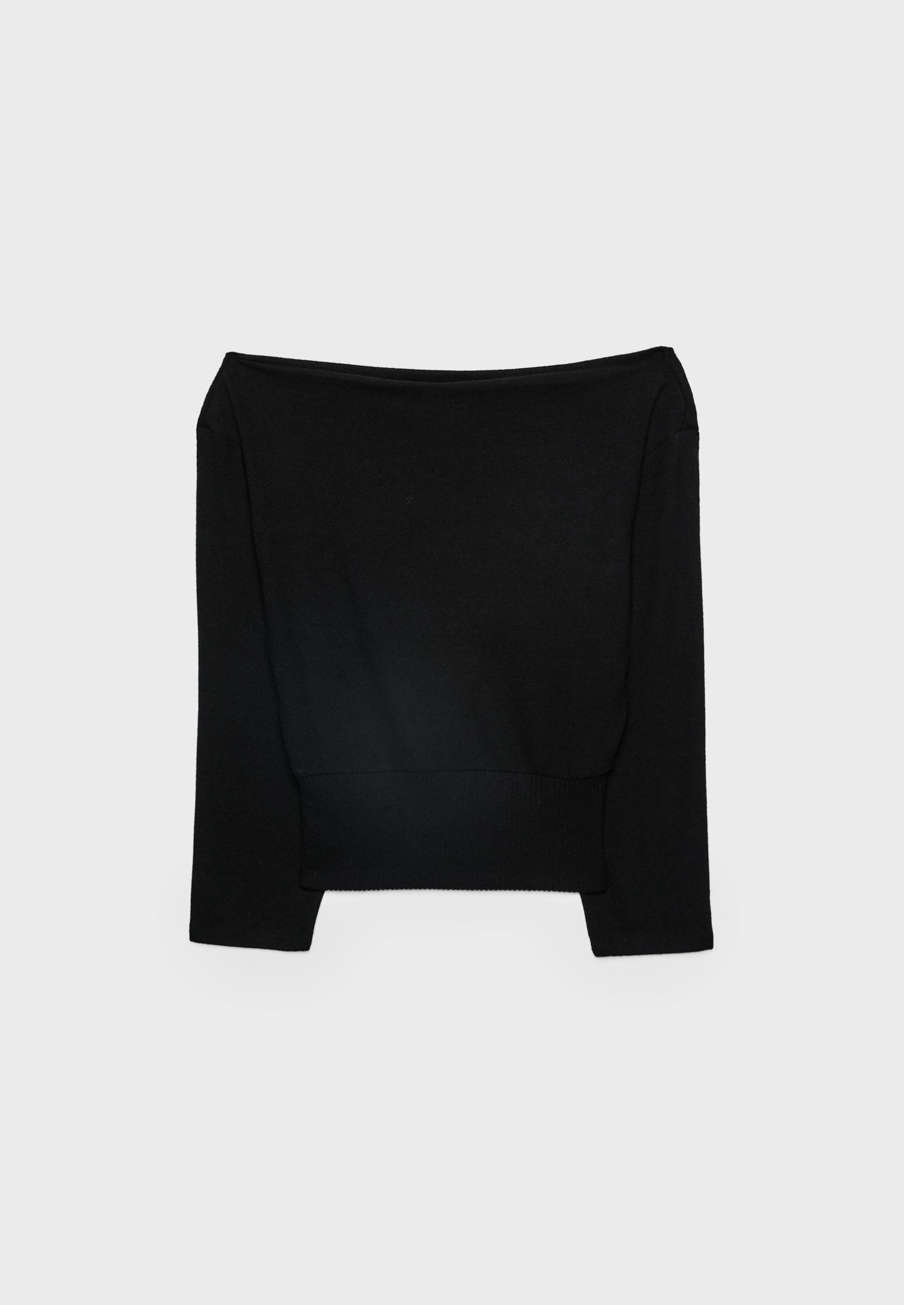 Boat neck knit T-shirt with sash belt — Black