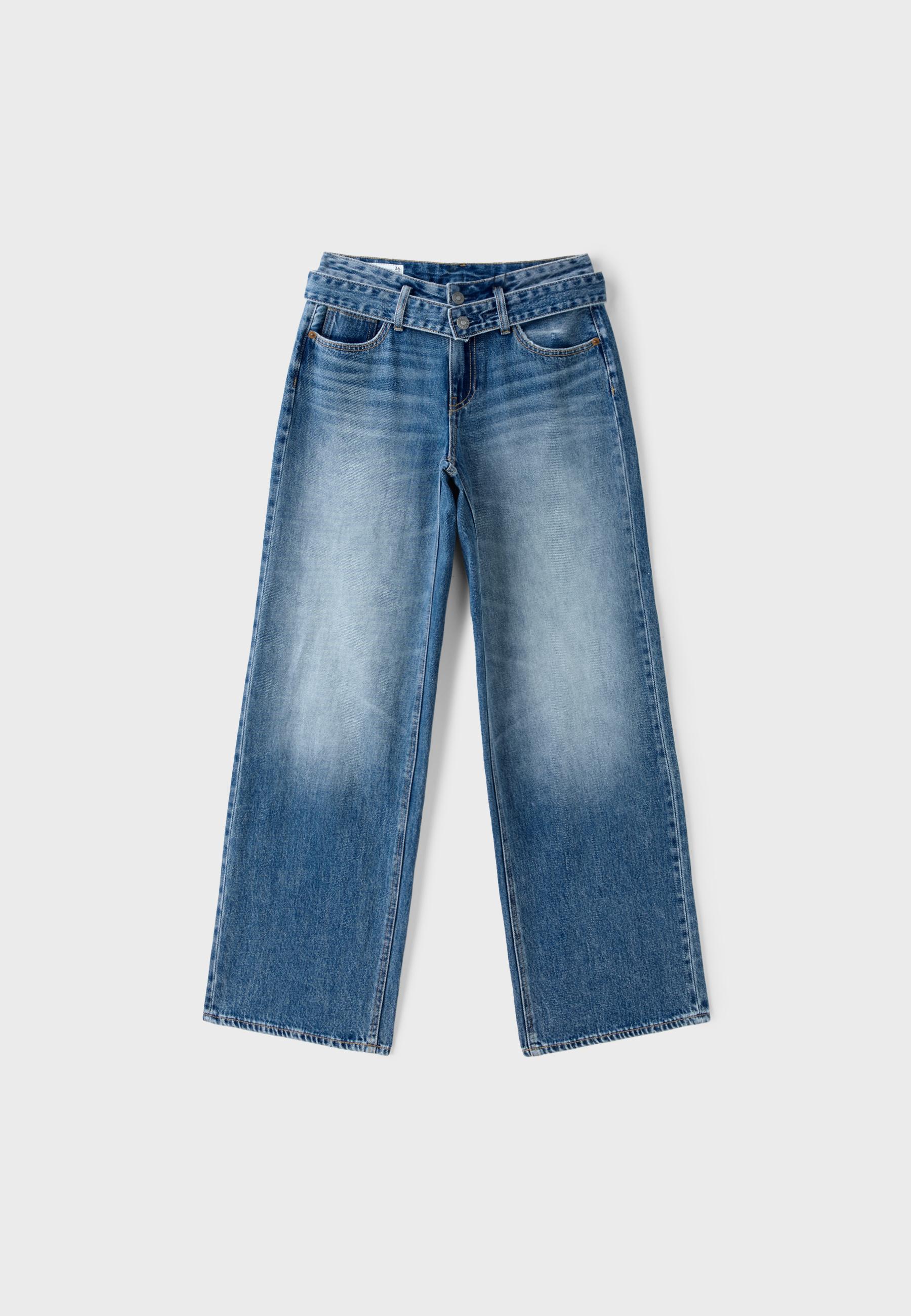 Double-waist wide-leg jeans — MEDIUM BLUE DENIM