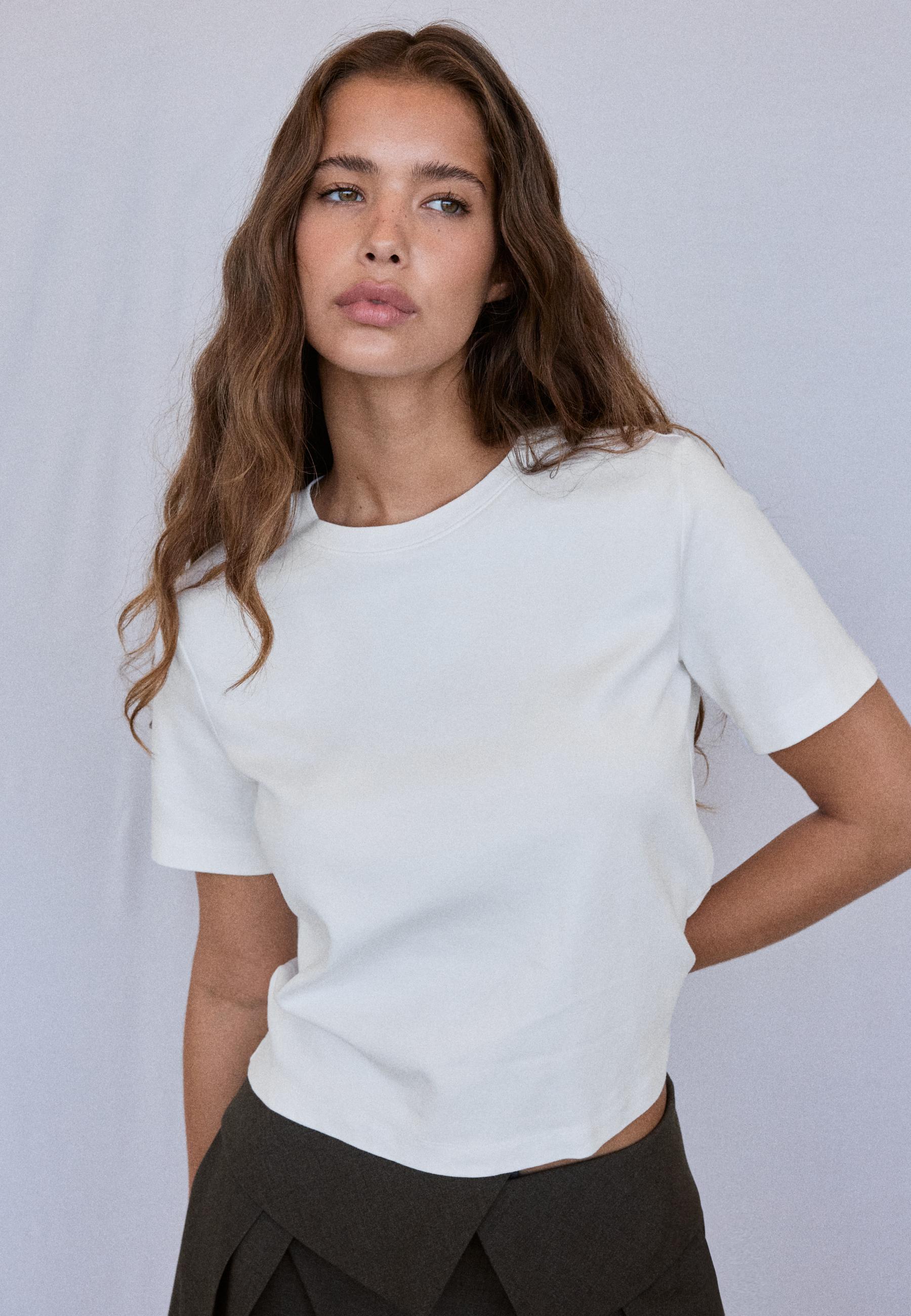 Stradivarius B01 Βασική Μπλούζα Regular Fit Heavy Weight Εκρού Xl