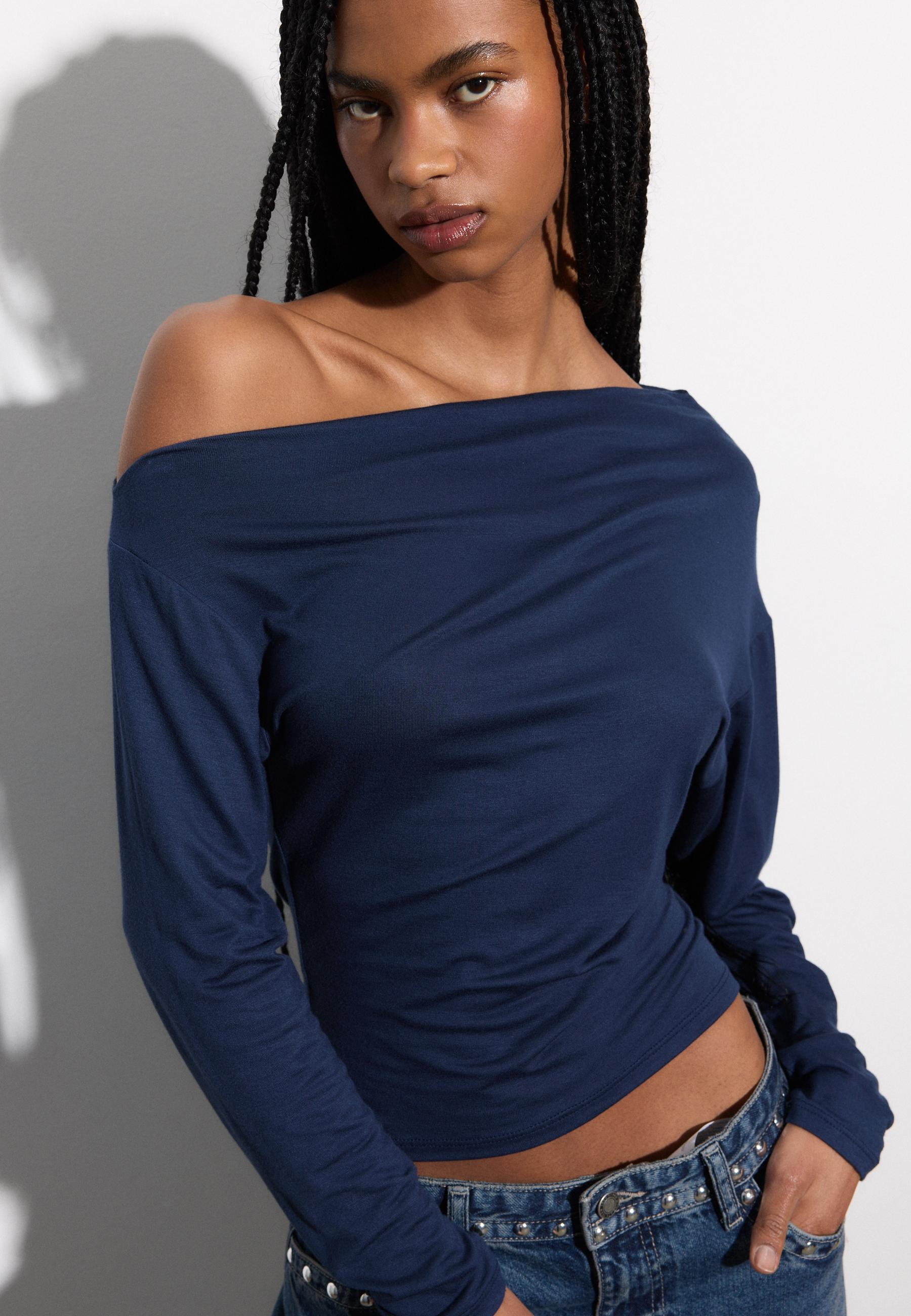 Asymmetrical neckline top — Navy blue
