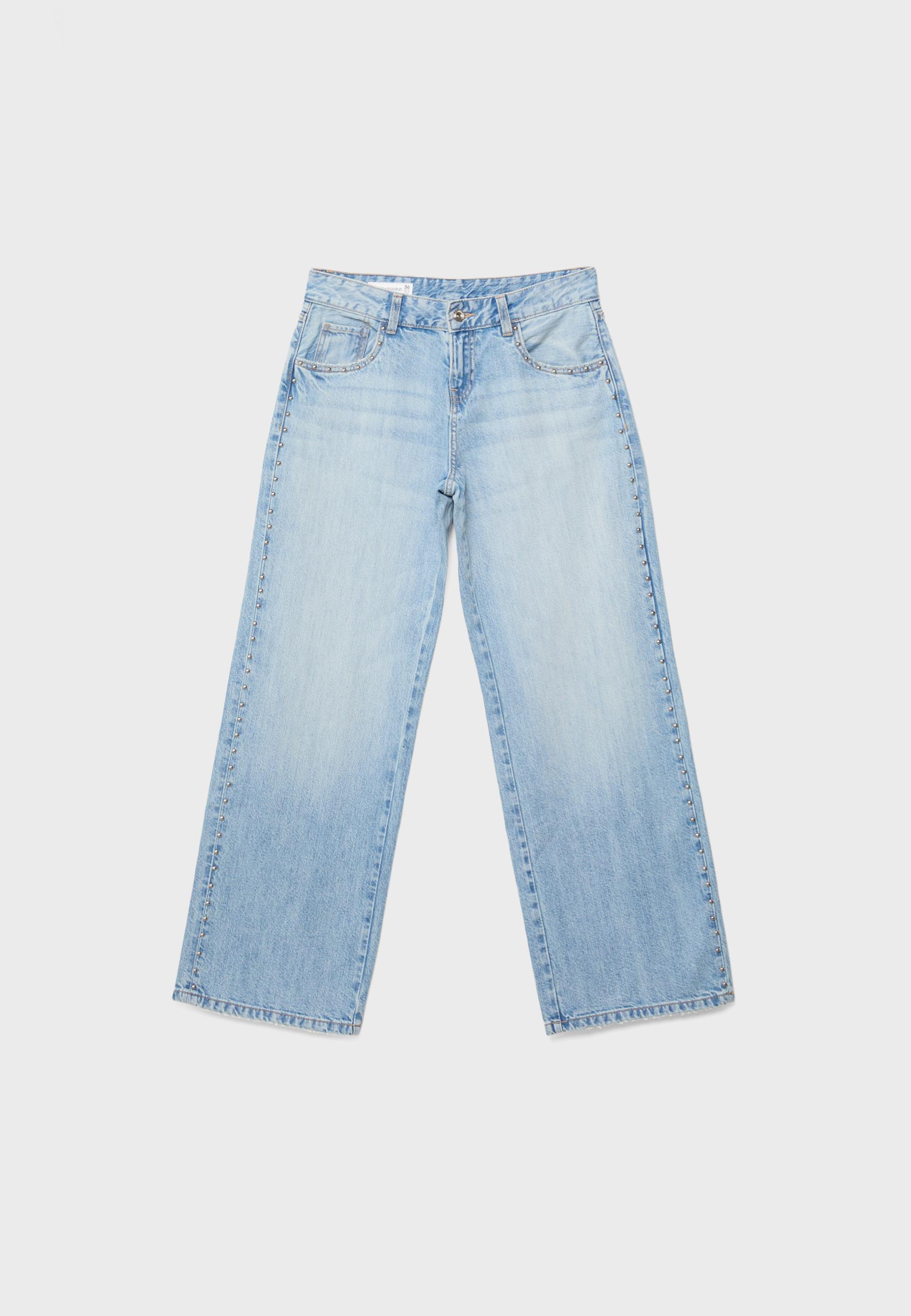 Wide-leg loose studded jeans — MEDIUM LIGHT BLUE DENIM