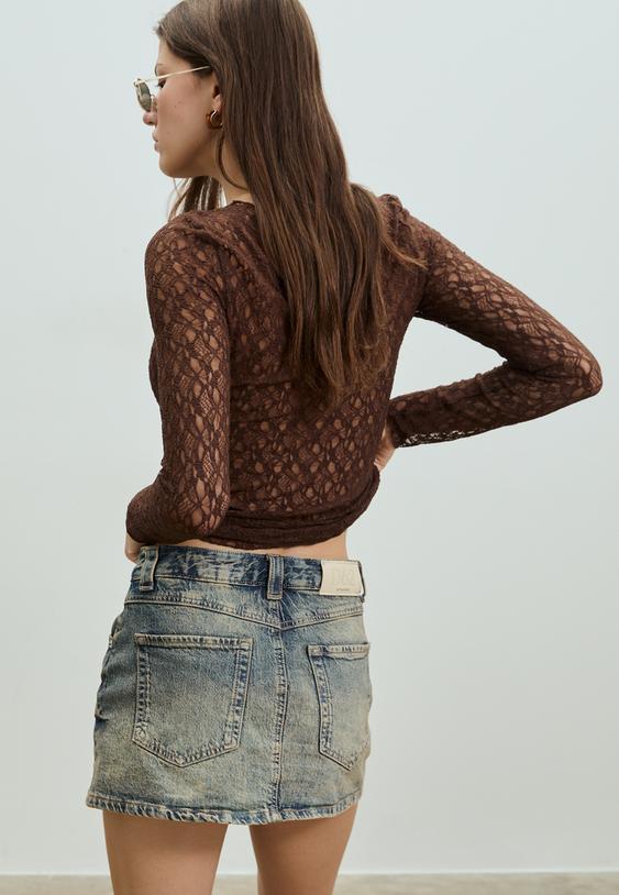 Stradivarius T-Shirt Manches Longues Dentelle Marron L