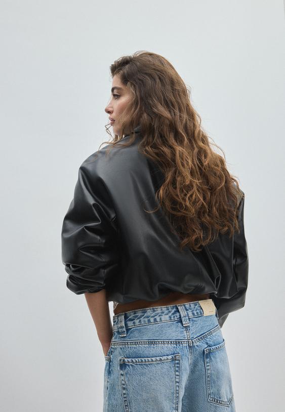 Stradivarius Quilted Faux Leather Bomber Jacket Black Xs