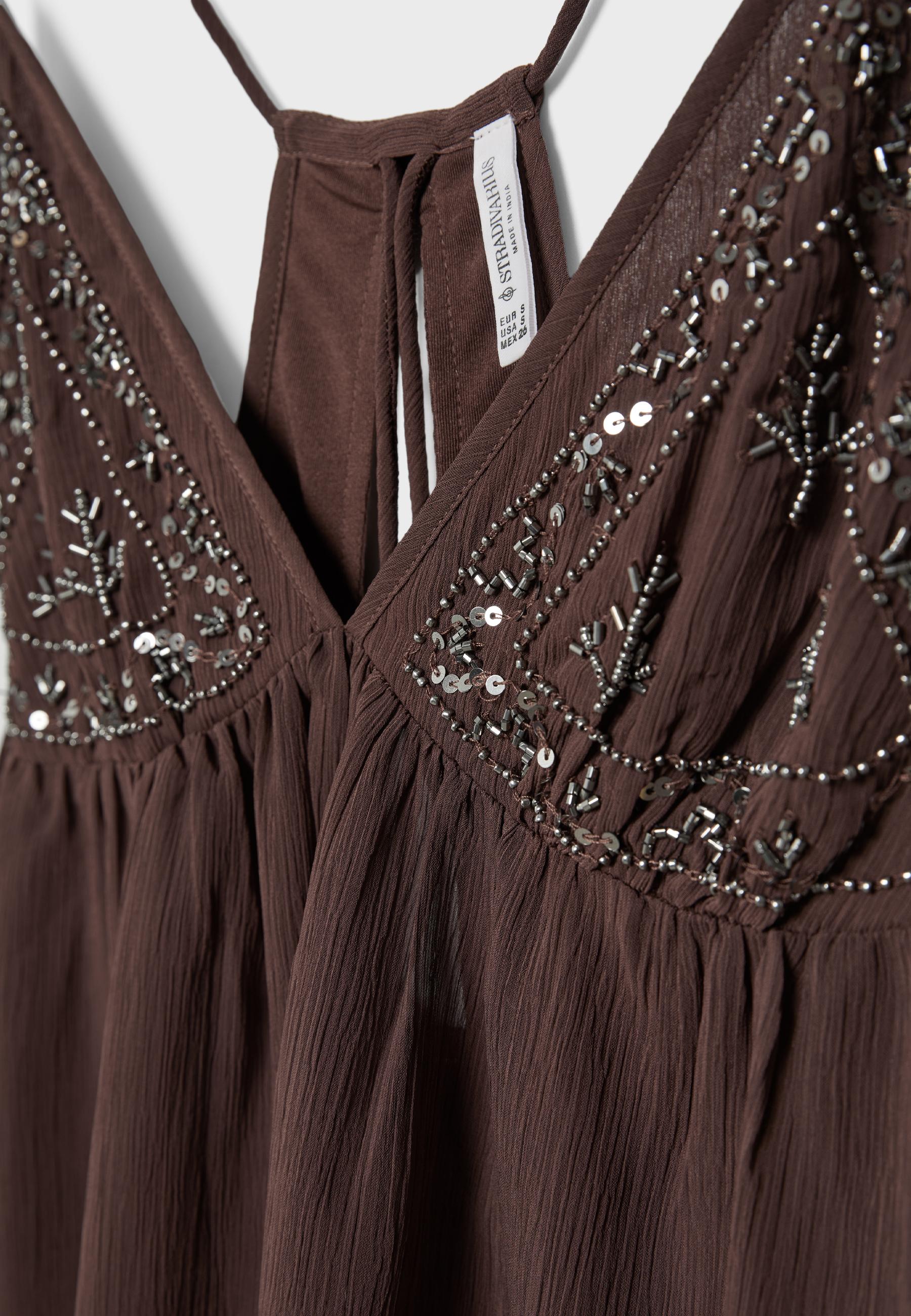 Embroidered strappy top — Brown