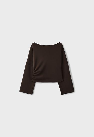 Asymmetric soft-touch ruched sweatshirt — Brown 7