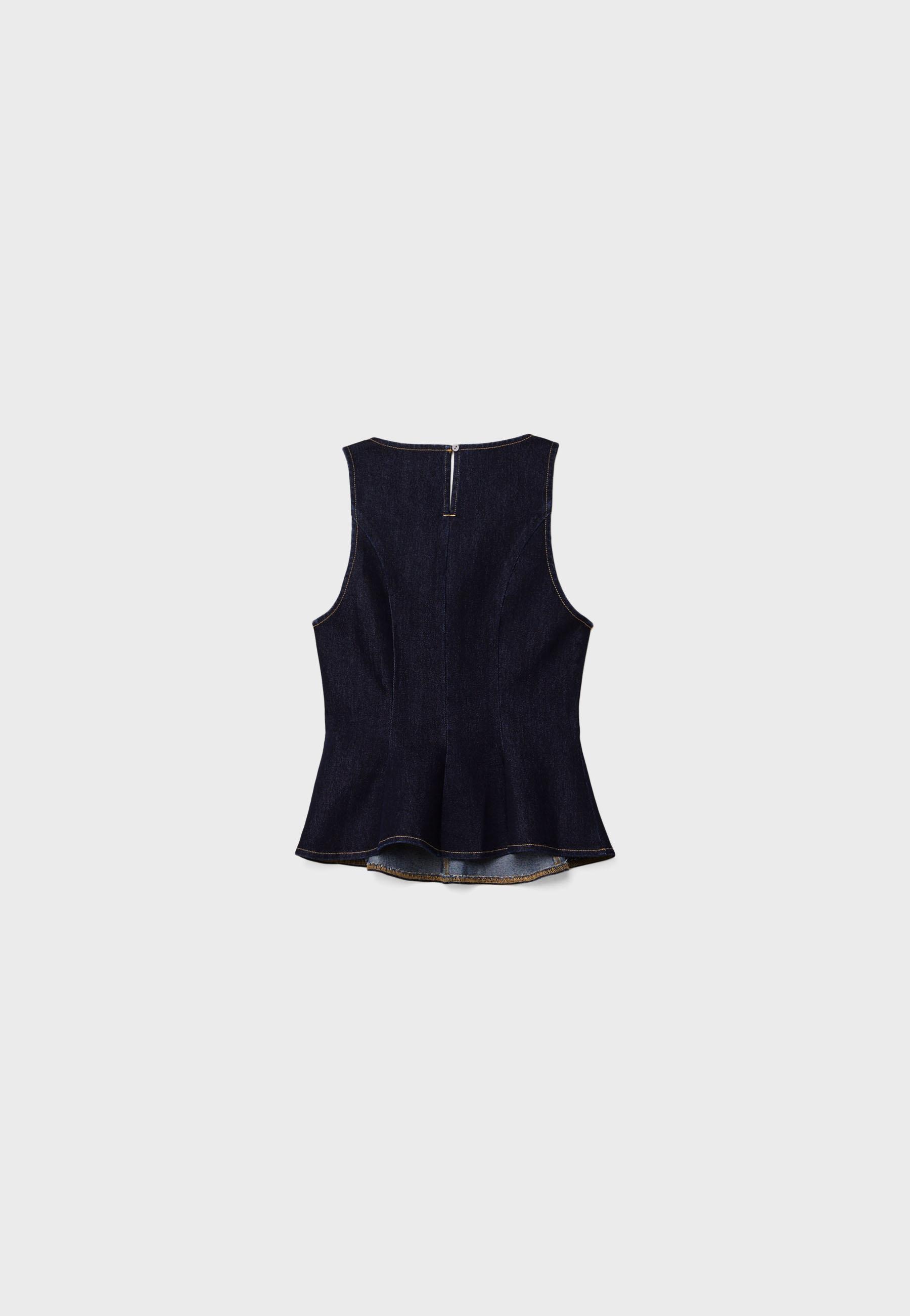 Sleeveless denim peplum top — OVERDYED BLUE DENIM