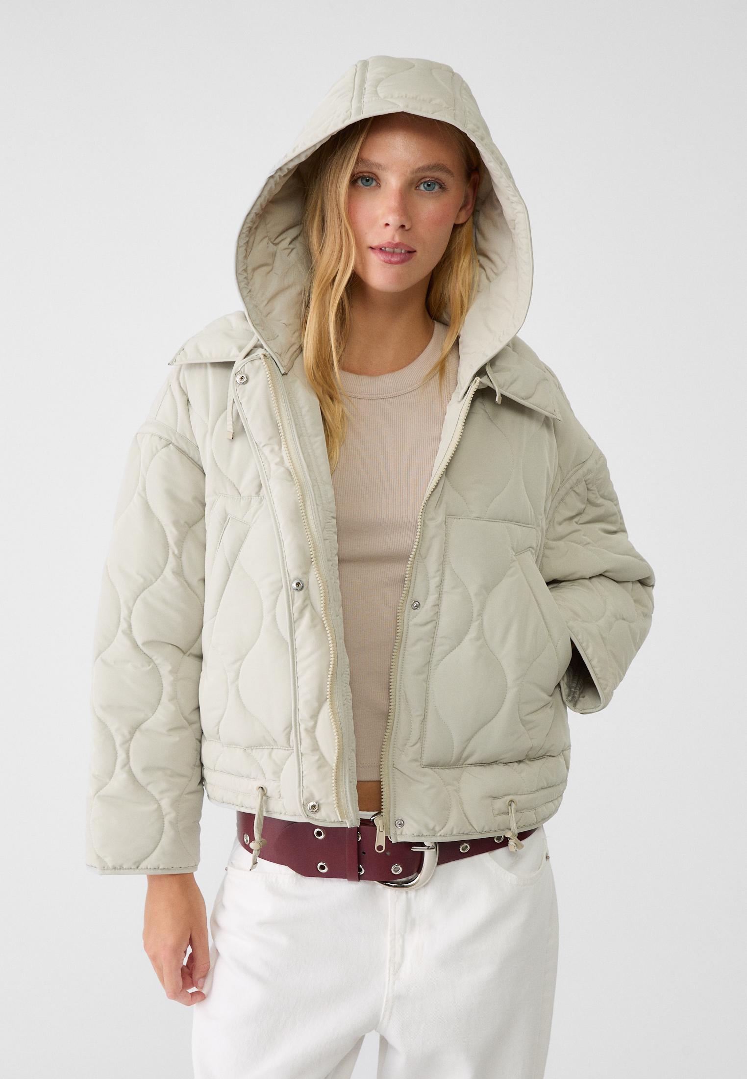 Beige hooded puffer jacket on sale