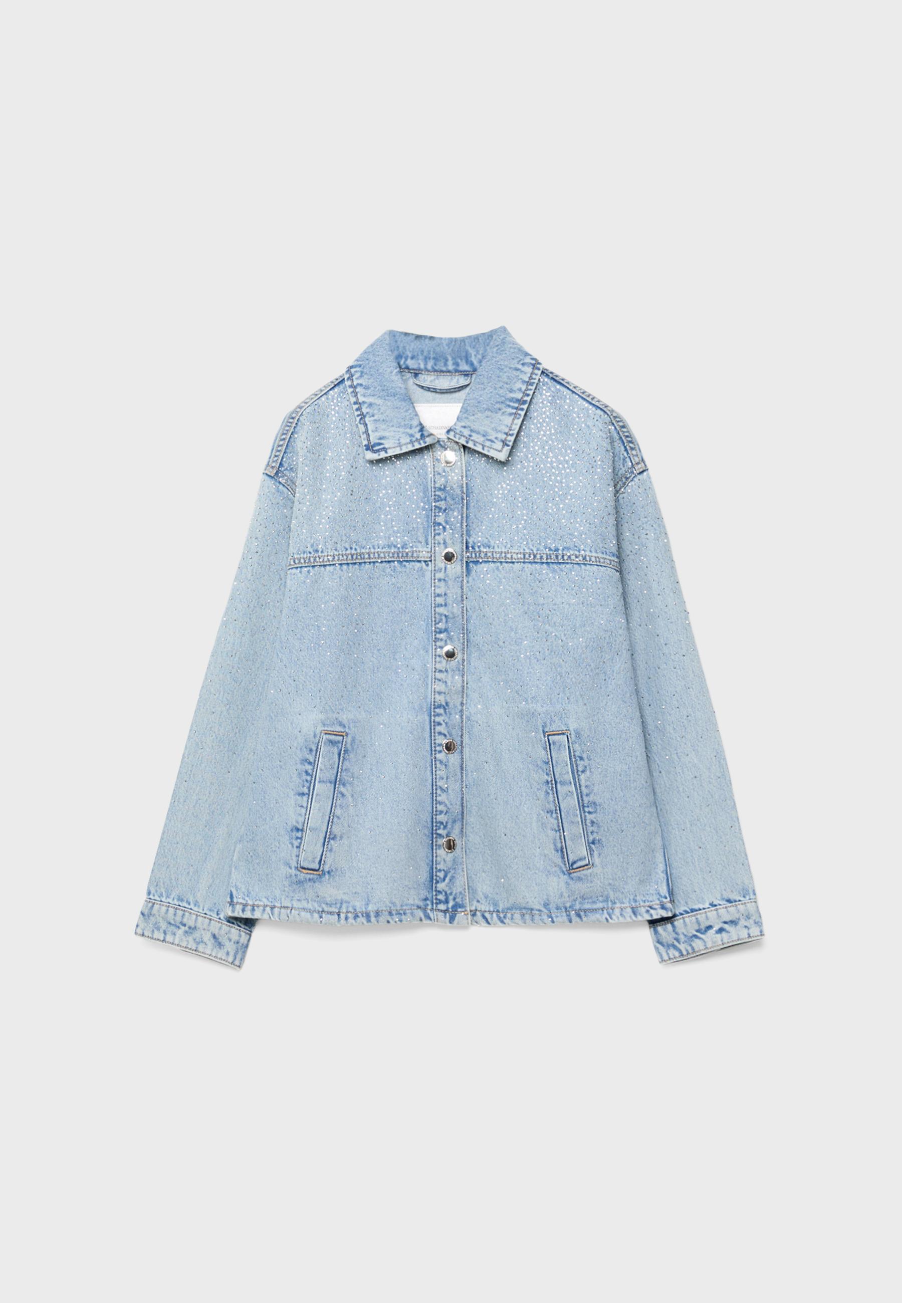Denim jacket with patch pockets and rhinestones — MEDIUM LIGHT BLUE DENIM
