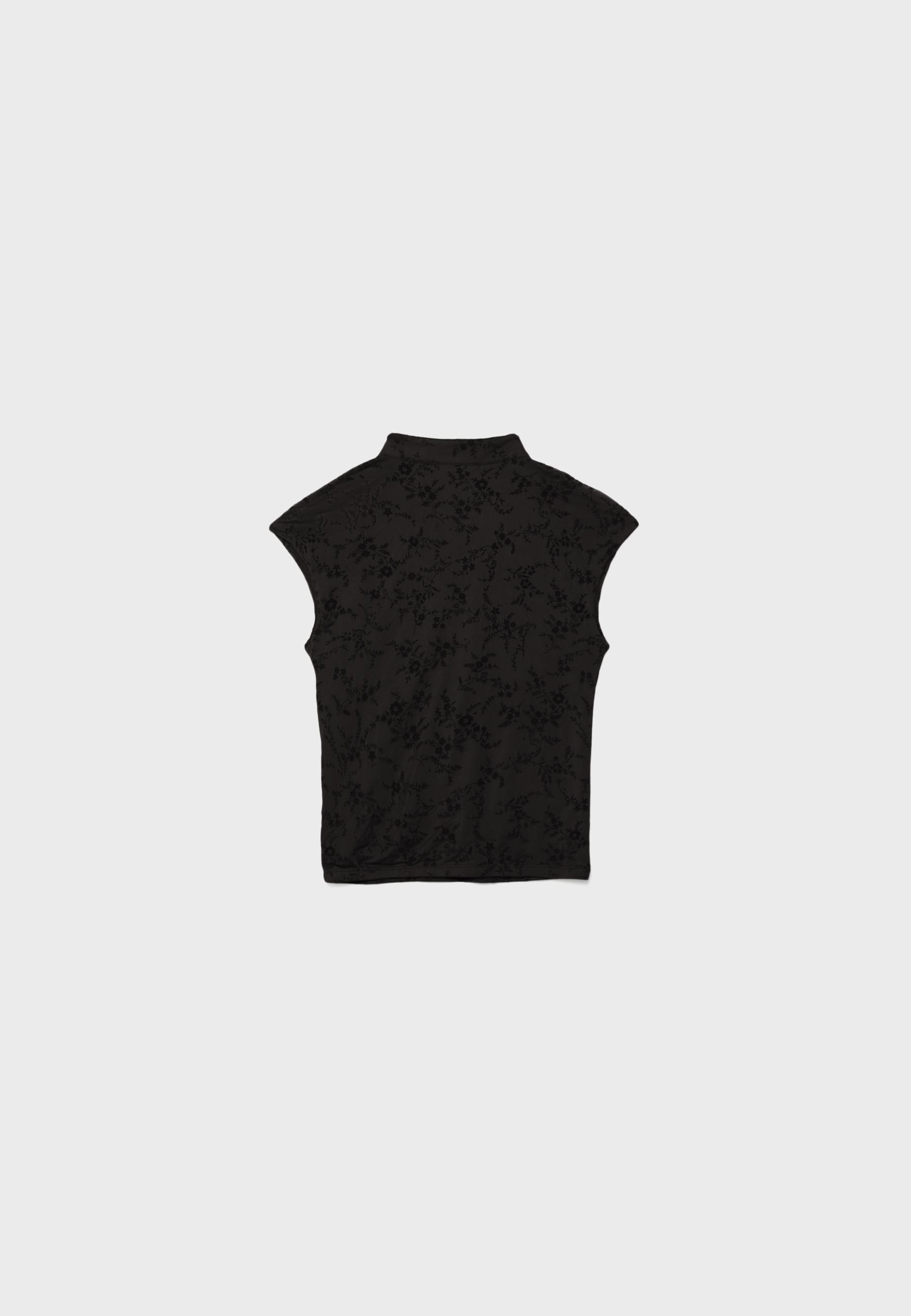 Flocked stand collar T-shirt — Black