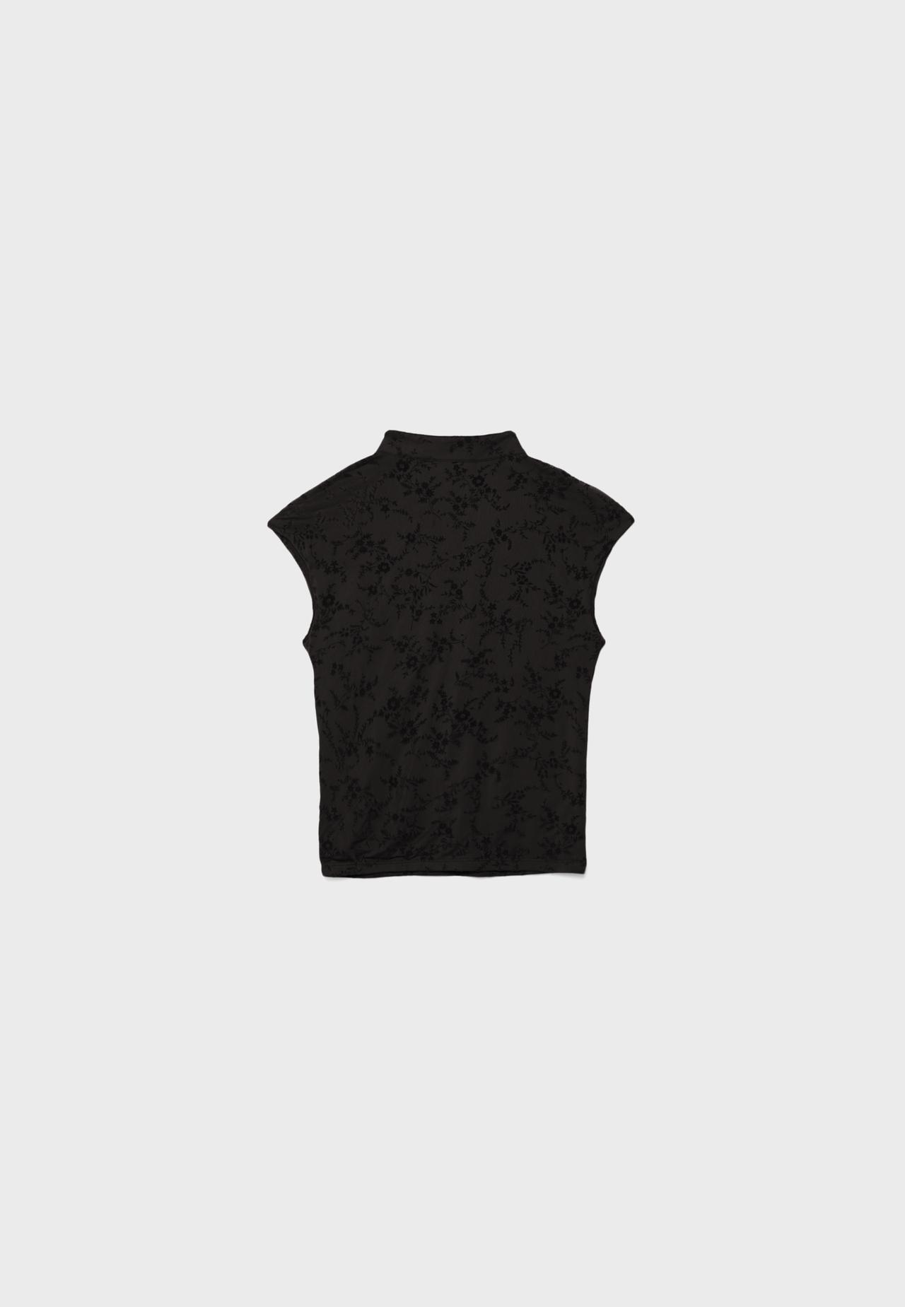 Flocked stand collar T-shirt — Black
