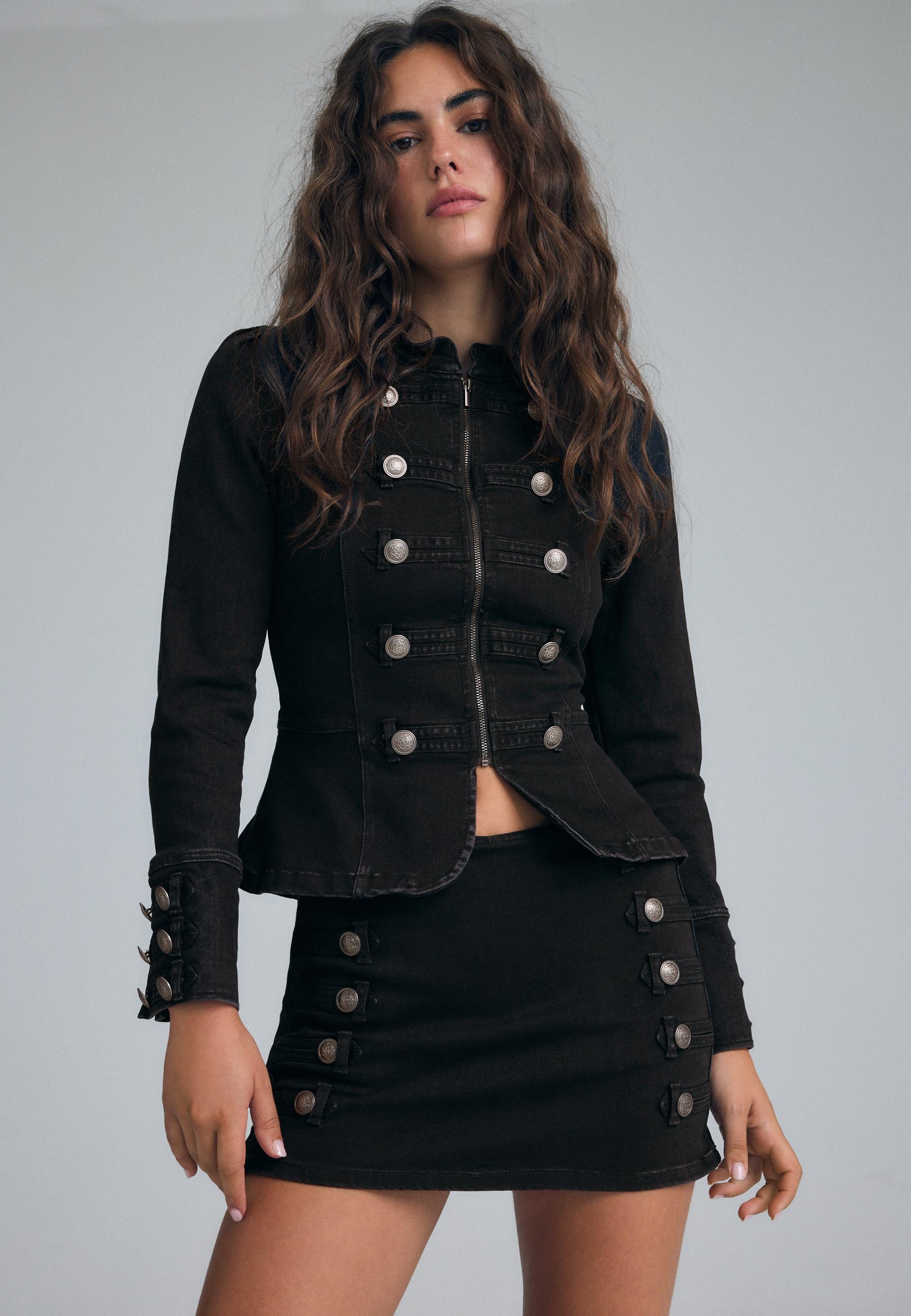 Peplum button jacket — BLACK DENIM WASH