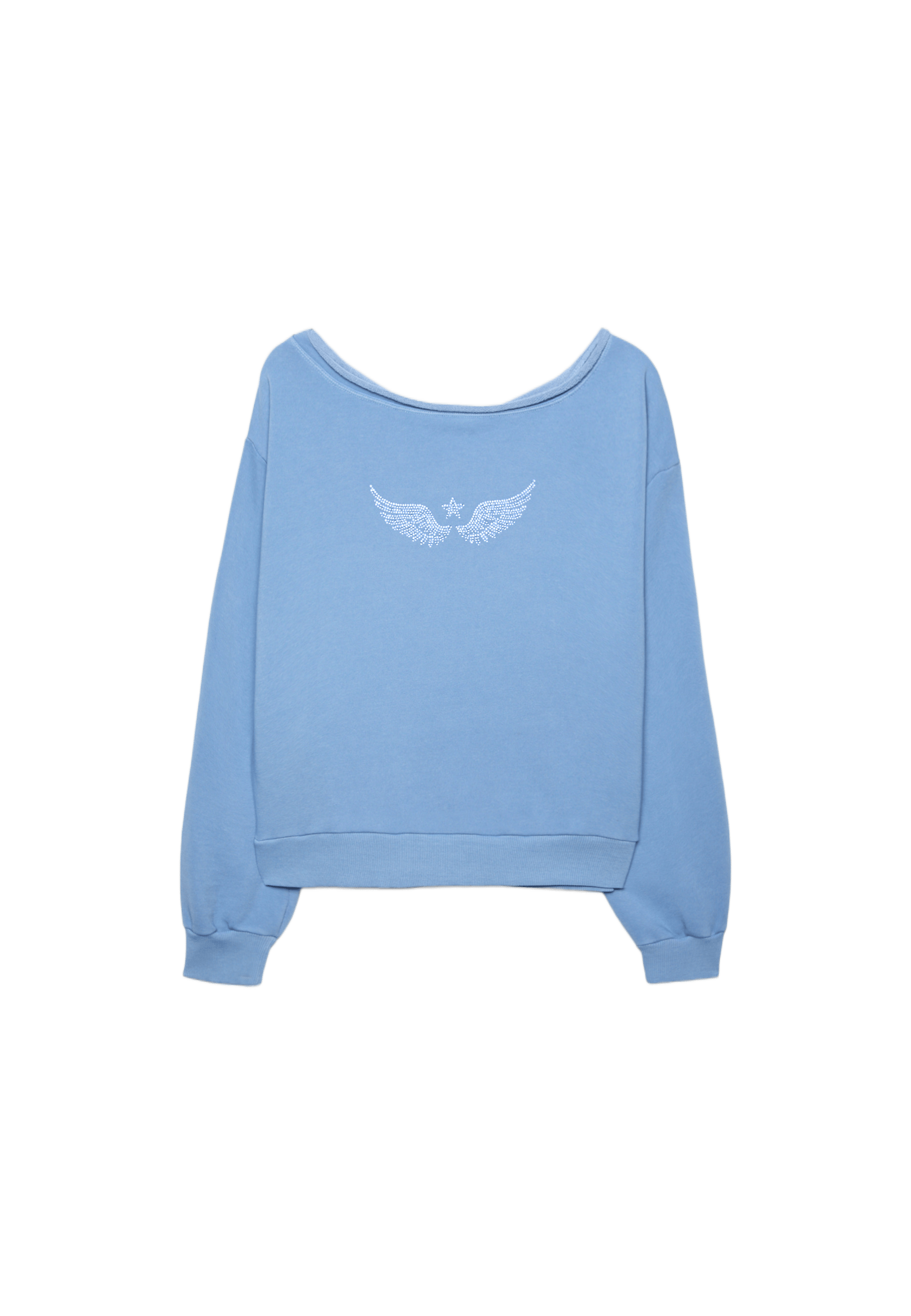 Boat neck sweatshirt with rhinestone wings — Sky blue