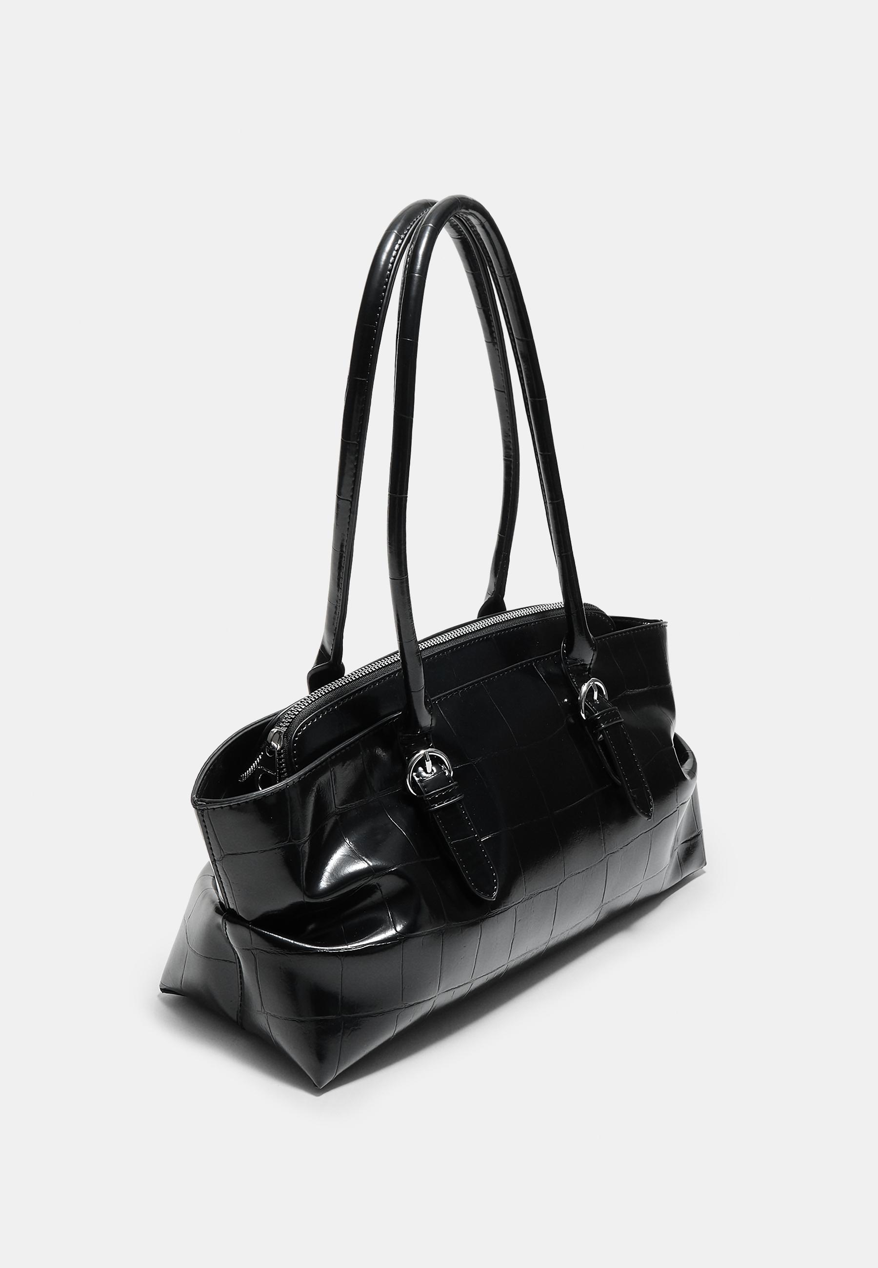 Mock croc city bag with buckles — Black