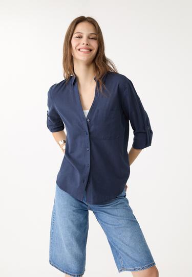 Linen blend shirt with pocket — Navy blue 3