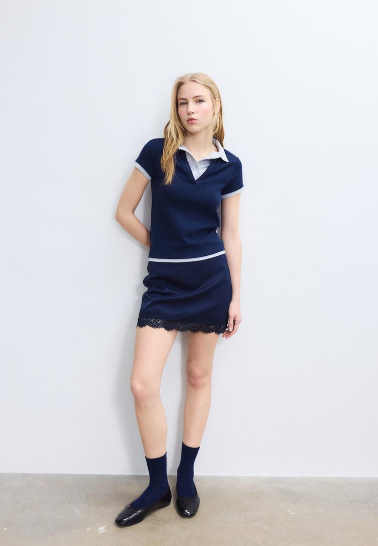 Stradivarius Μπλούζα Πόλο Με Κοντό Μανίκι Navy Blue S