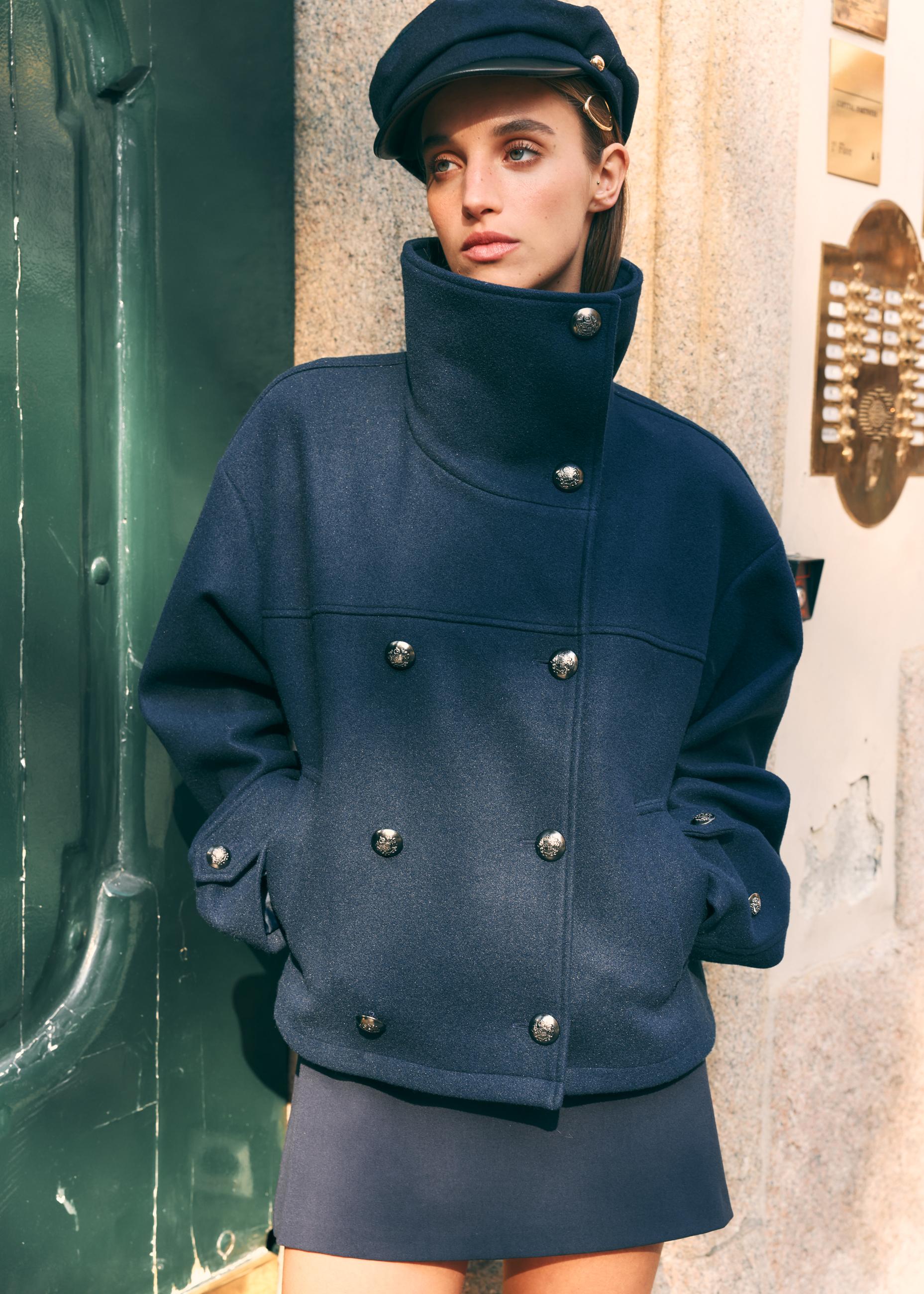 Soft-touch crossover high neck jacket — Navy blue