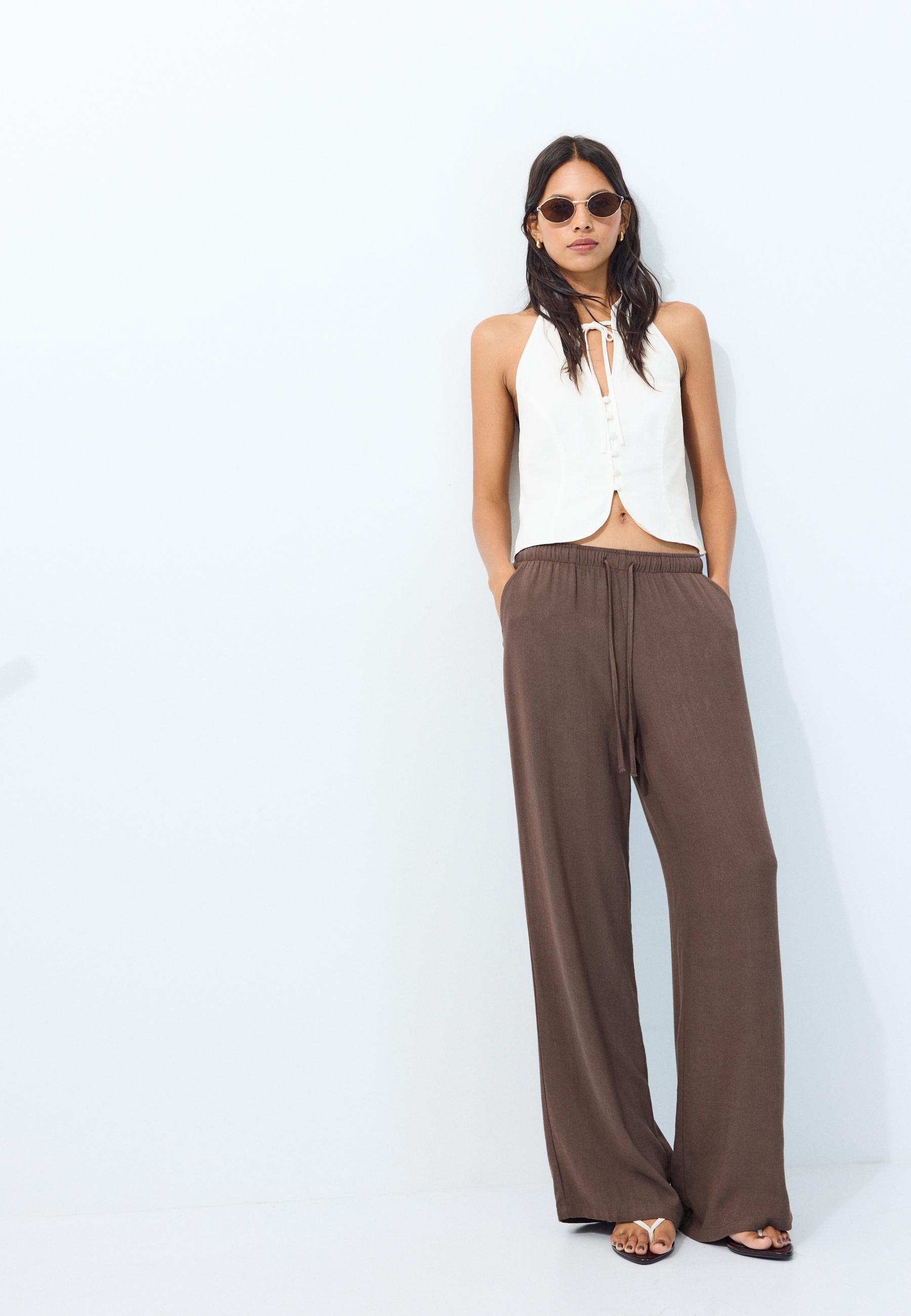 Straight-leg linen-look trousers — Brown