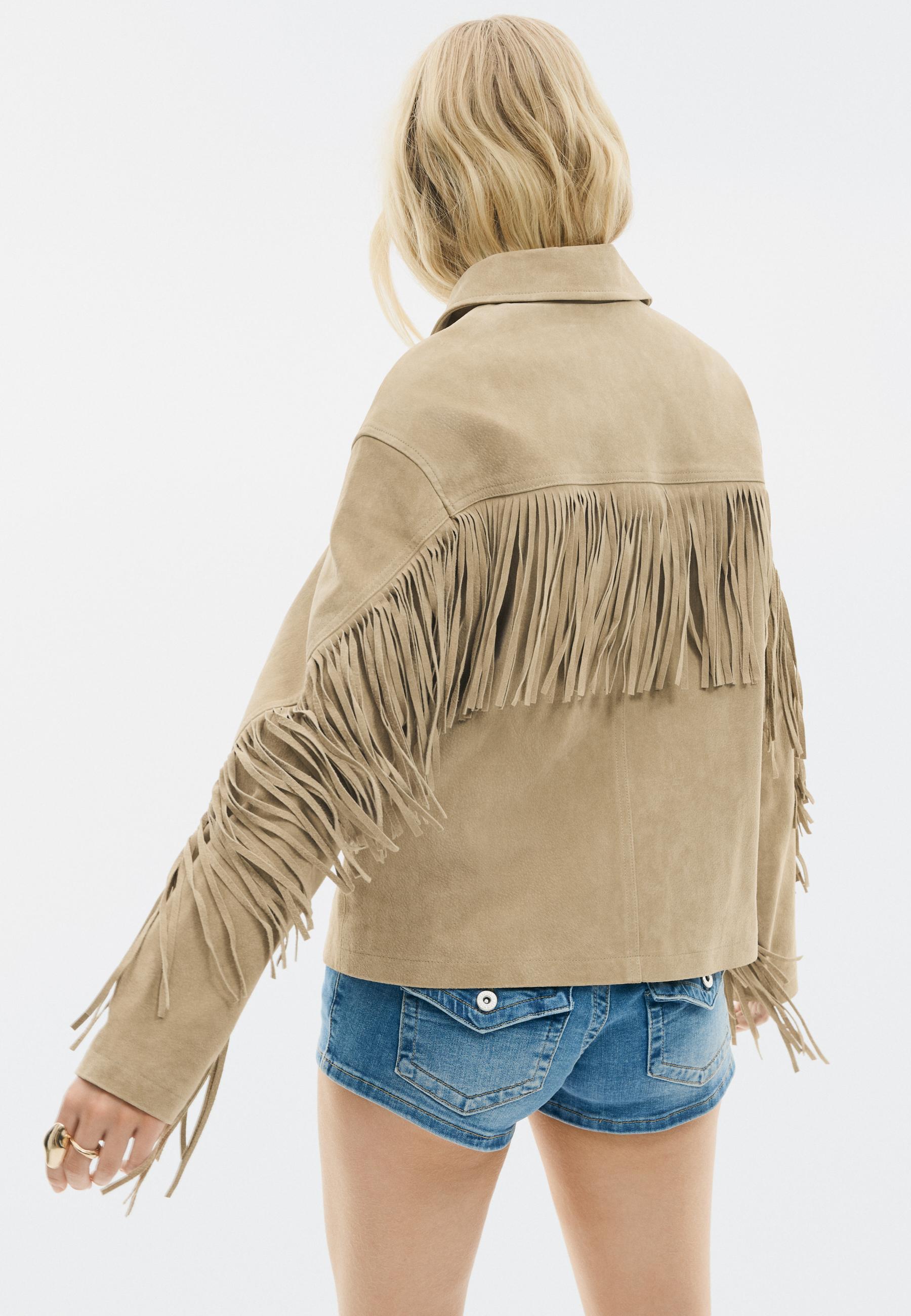 Fringed leather jacket — Stone